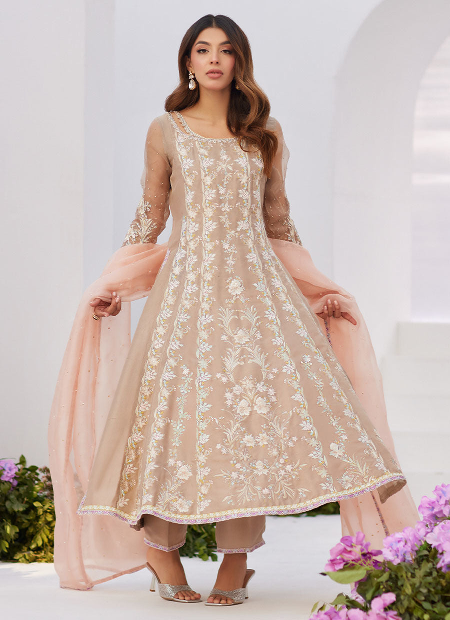 Farah Talib Aziz | Zaza Luxe Pret 24 | CHARLENE SAND EMBROIDERED KALIDAAR WITH DUPATTA - by - Libasekhas UK - Registered Vendor of : Farah Talib Aziz - 100% Original Designer Dresss