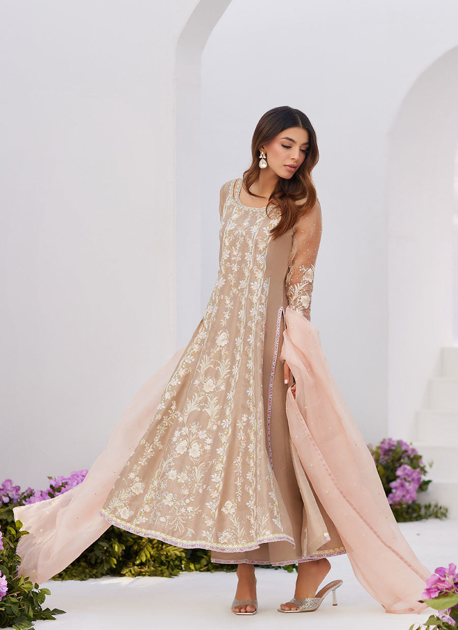 Farah Talib Aziz | Zaza Luxe Pret 24 | CHARLENE SAND EMBROIDERED KALIDAAR WITH DUPATTA - by - Libasekhas UK - Registered Vendor of : Farah Talib Aziz - 100% Original Designer Dresss
