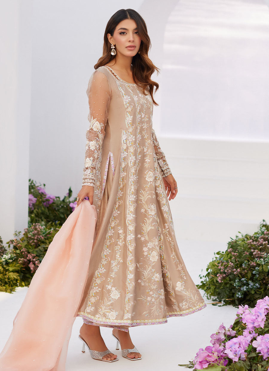Farah Talib Aziz | Zaza Luxe Pret 24 | CHARLENE SAND EMBROIDERED KALIDAAR WITH DUPATTA - by - Libasekhas UK - Registered Vendor of : Farah Talib Aziz - 100% Original Designer Dresss