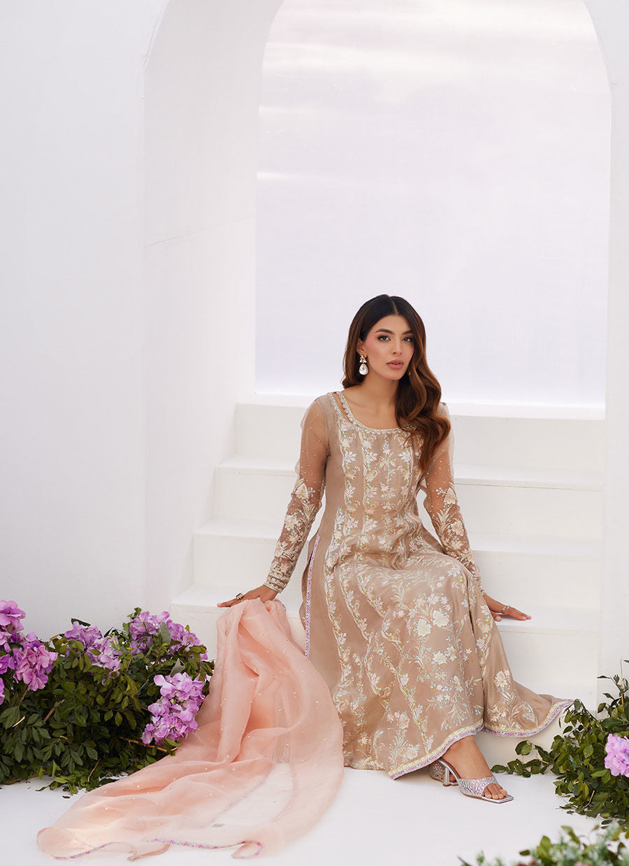 Farah Talib Aziz | Zaza Luxe Pret 24 | CHARLENE SAND EMBROIDERED KALIDAAR WITH DUPATTA - by - Libasekhas UK - Registered Vendor of : Farah Talib Aziz - 100% Original Designer Dresss