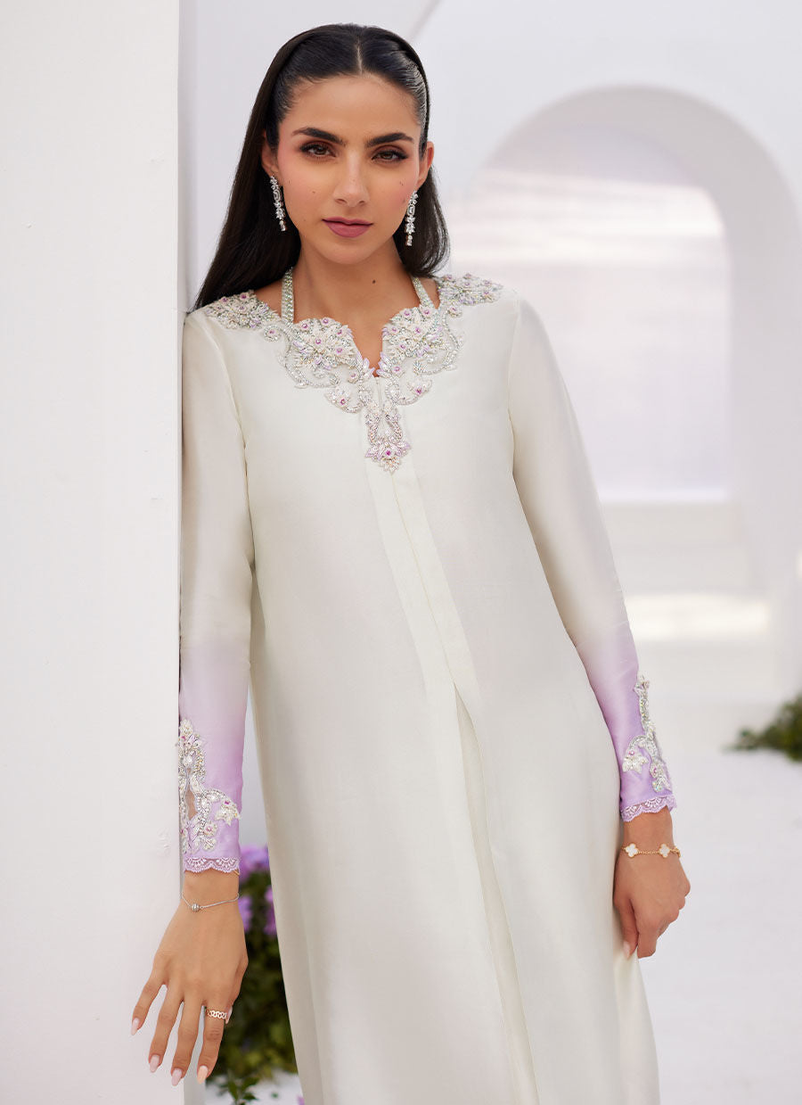Farah Talib Aziz | Zaza Luxe Pret 24 | LIQUE SILVER OMBRE EMBELLISHED KAFTAAN CUT SHIRT - by - Libasekhas UK - Registered Vendor of : Farah Talib Aziz - 100% Original Designer Dresss