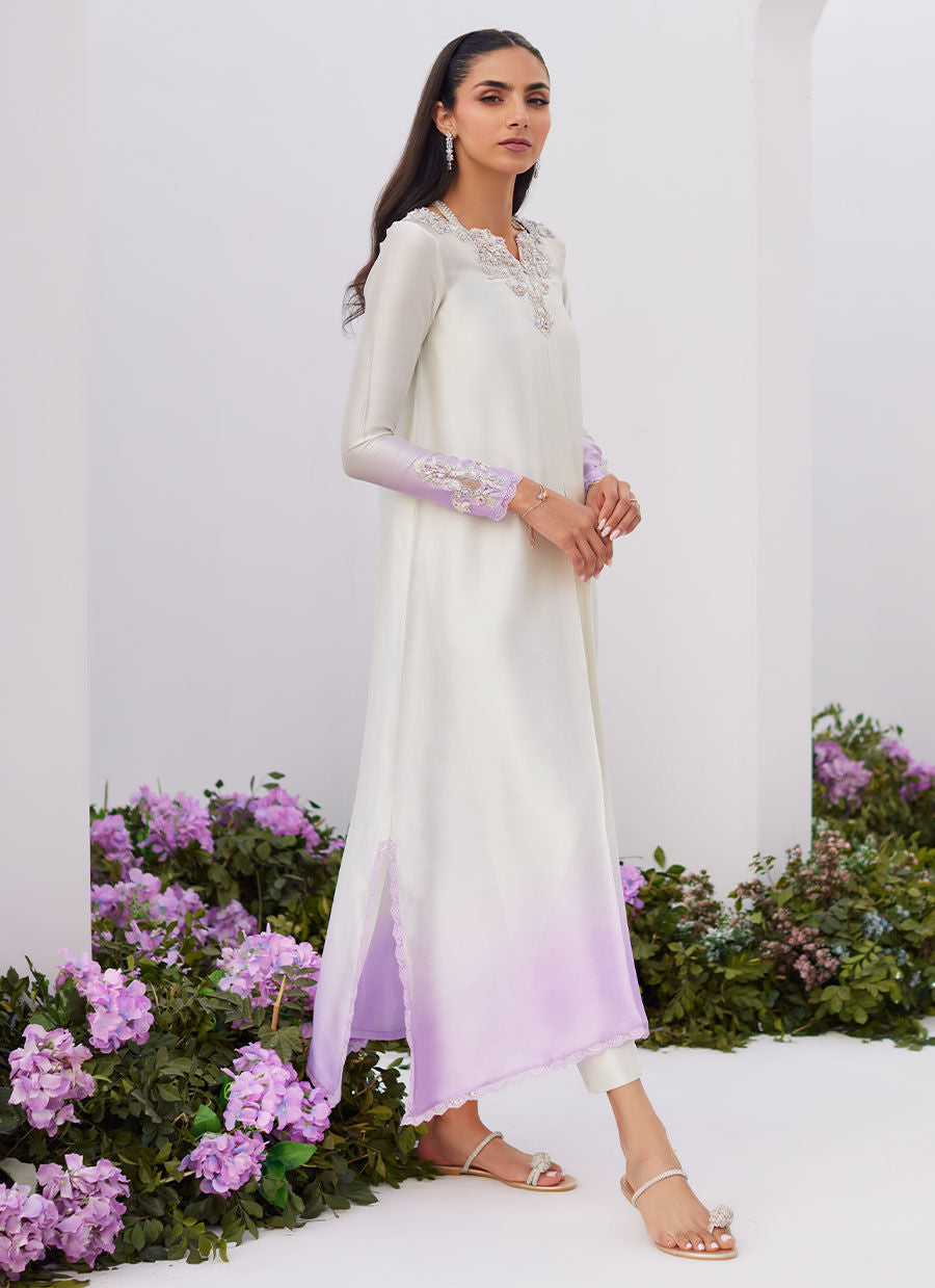 Farah Talib Aziz | Zaza Luxe Pret 24 | LIQUE SILVER OMBRE EMBELLISHED KAFTAAN CUT SHIRT - by - Libasekhas UK - Registered Vendor of : Farah Talib Aziz - 100% Original Designer Dresss