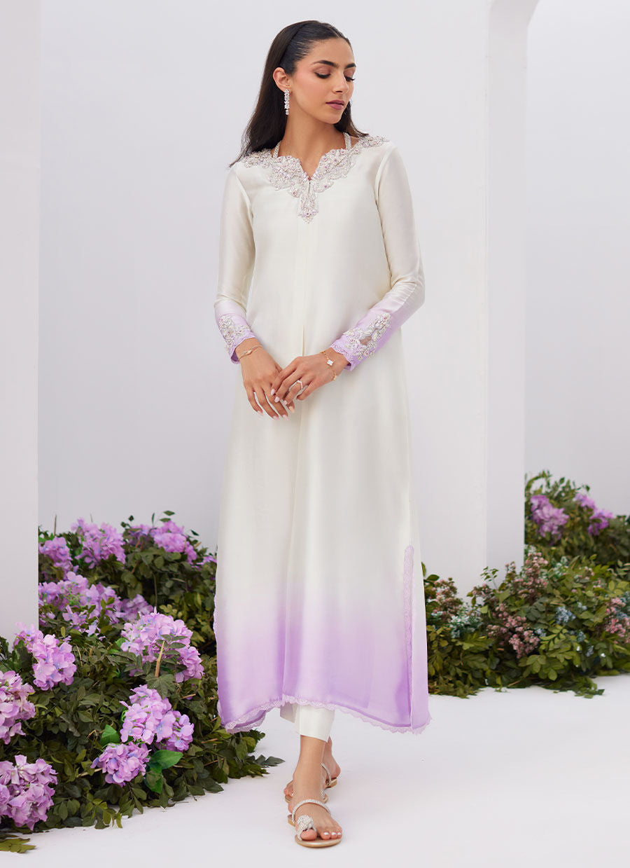 Farah Talib Aziz | Zaza Luxe Pret 24 | LIQUE SILVER OMBRE EMBELLISHED KAFTAAN CUT SHIRT - by - Libasekhas UK - Registered Vendor of : Farah Talib Aziz - 100% Original Designer Dresss