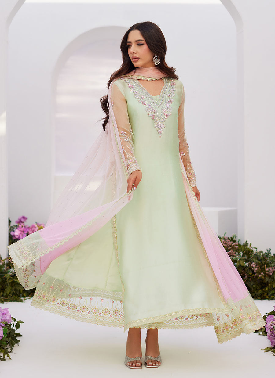 Farah Talib Aziz | Zaza Luxe Pret 24 | COLLETTE MINT OMBRE EMBELLISHED COLUMN SHIRT WITH KALIDAAR WITH EMBROIDERED SLIP - by - Libasekhas UK - Registered Vendor of : Farah Talib Aziz - 100% Original Designer Dresss