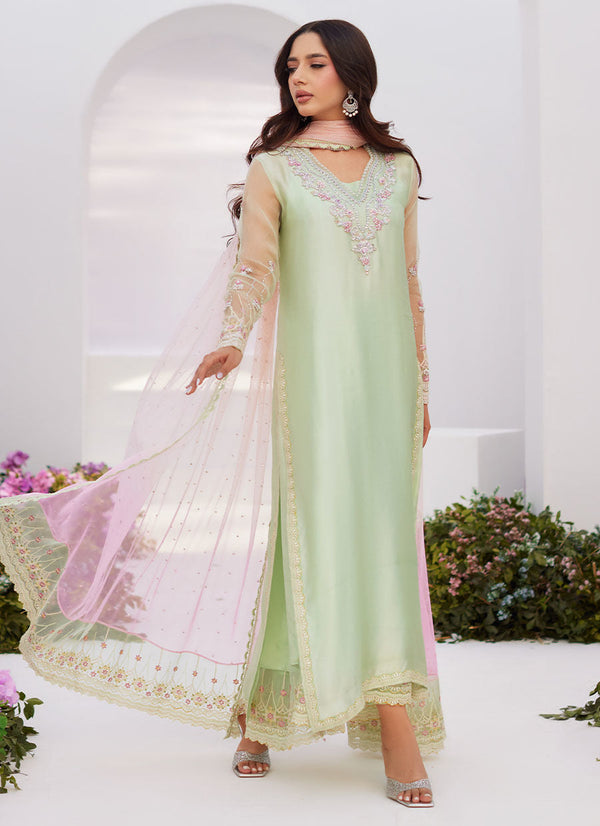 Farah Talib Aziz | Zaza Luxe Pret 24 | COLLETTE MINT OMBRE EMBELLISHED COLUMN SHIRT WITH KALIDAAR WITH EMBROIDERED SLIP - by - Libasekhas UK - Registered Vendor of : Farah Talib Aziz - 100% Original Designer Dresss