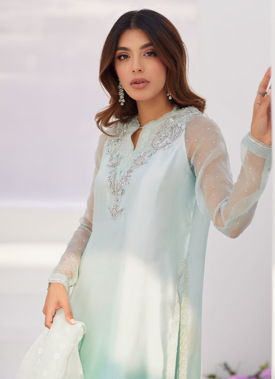 Farah Talib Aziz | Zaza Luxe Pret 24 | SOLENE AQUA OMBRE EMBELLISHED COLUMN SHIRT WITH EMBROIDERED KALIDAAR SLIP - by - Libasekhas UK - Registered Vendor of : Farah Talib Aziz - 100% Original Designer Dresss