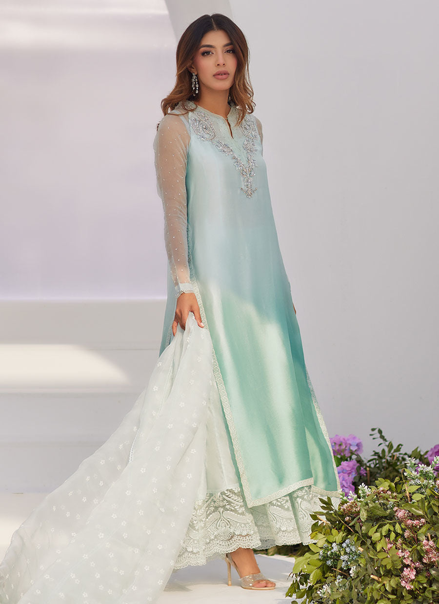 Farah Talib Aziz | Zaza Luxe Pret 24 | SOLENE AQUA OMBRE EMBELLISHED COLUMN SHIRT WITH EMBROIDERED KALIDAAR SLIP - by - Libasekhas UK - Registered Vendor of : Farah Talib Aziz - 100% Original Designer Dresss