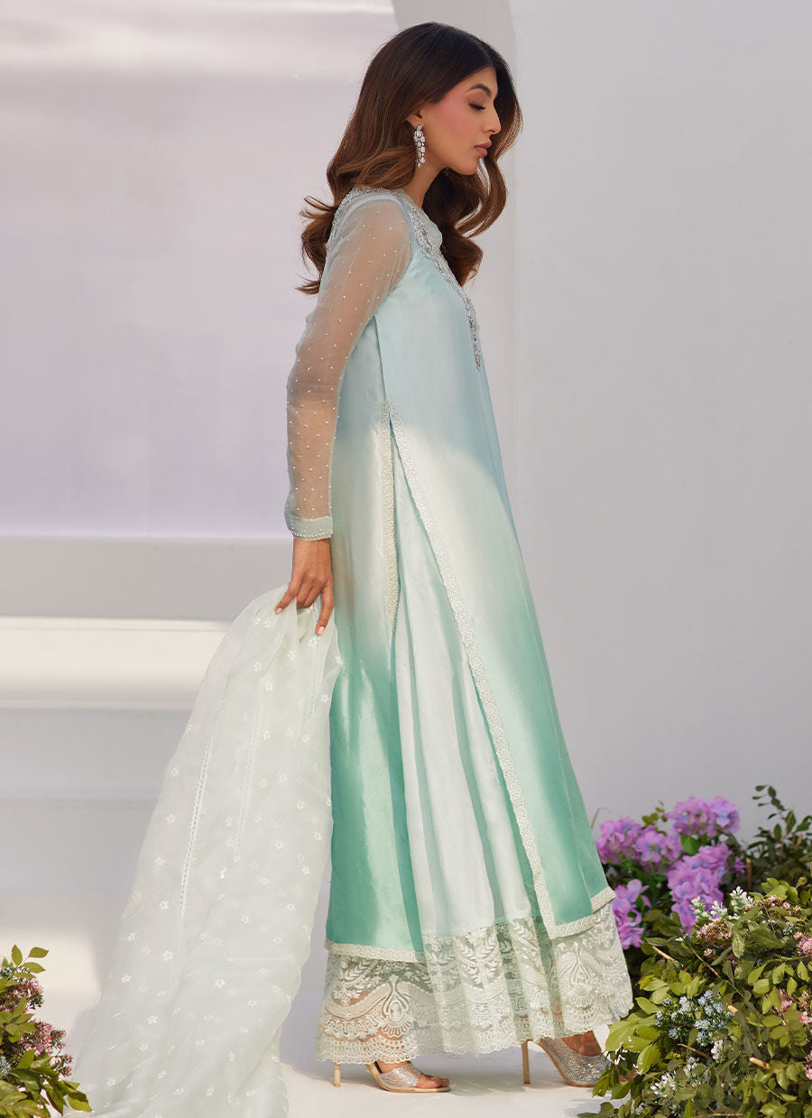 Farah Talib Aziz | Zaza Luxe Pret 24 | SOLENE AQUA OMBRE EMBELLISHED COLUMN SHIRT WITH EMBROIDERED KALIDAAR SLIP - by - Libasekhas UK - Registered Vendor of : Farah Talib Aziz - 100% Original Designer Dresss