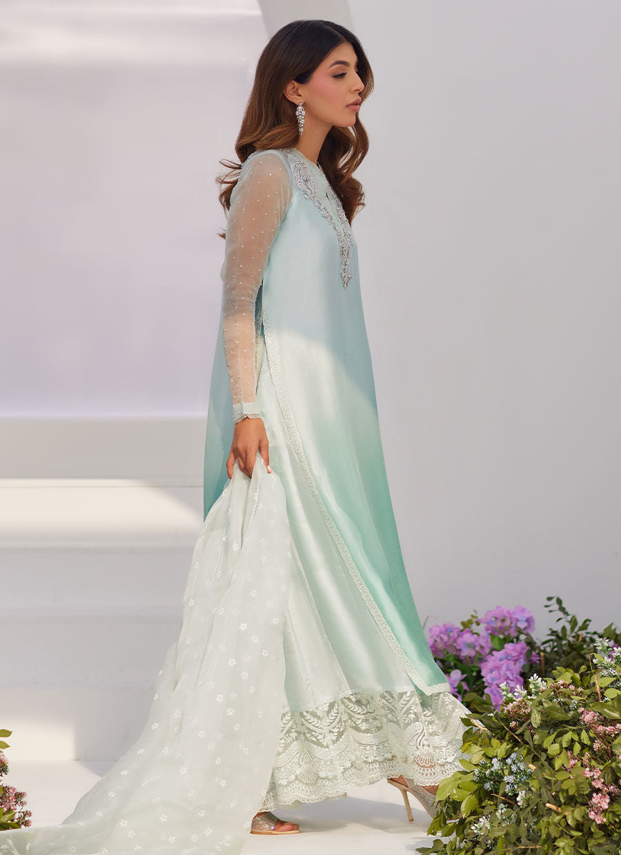 Farah Talib Aziz | Zaza Luxe Pret 24 | SOLENE AQUA OMBRE EMBELLISHED COLUMN SHIRT WITH EMBROIDERED KALIDAAR SLIP - by - Libasekhas UK - Registered Vendor of : Farah Talib Aziz - 100% Original Designer Dresss