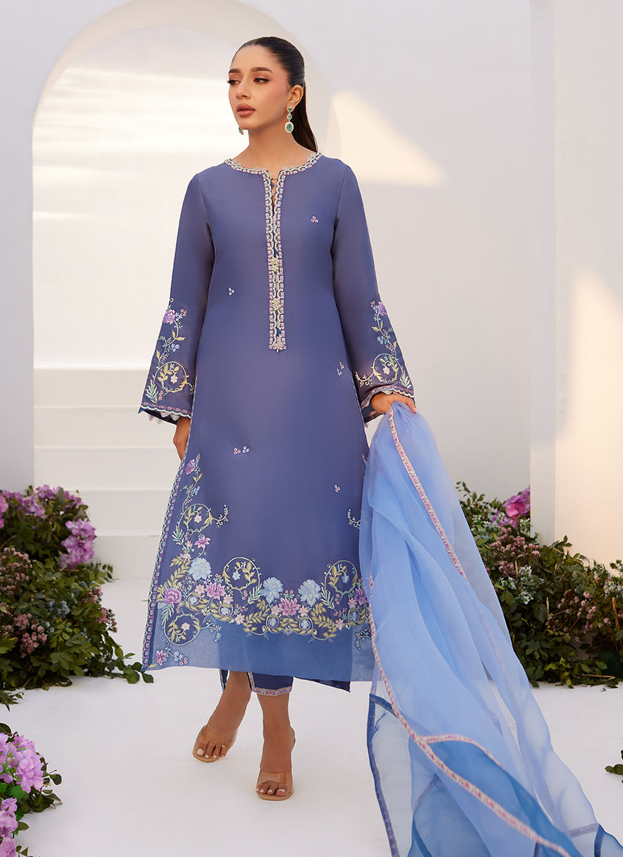 Farah Talib Aziz | Zaza Luxe Pret 24 | ALO BLUE EMBROIDERED SHIRT AND DUPATTA - by - Libasekhas UK - Registered Vendor of : Farah Talib Aziz - 100% Original Designer Dresss