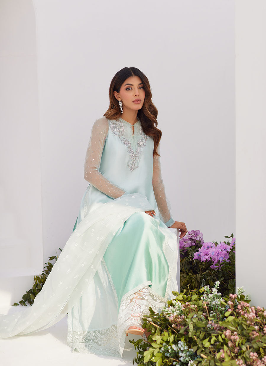 Farah Talib Aziz | Zaza Luxe Pret 24 | SOLENE AQUA OMBRE EMBELLISHED COLUMN SHIRT WITH EMBROIDERED KALIDAAR SLIP - by - Libasekhas UK - Registered Vendor of : Farah Talib Aziz - 100% Original Designer Dresss