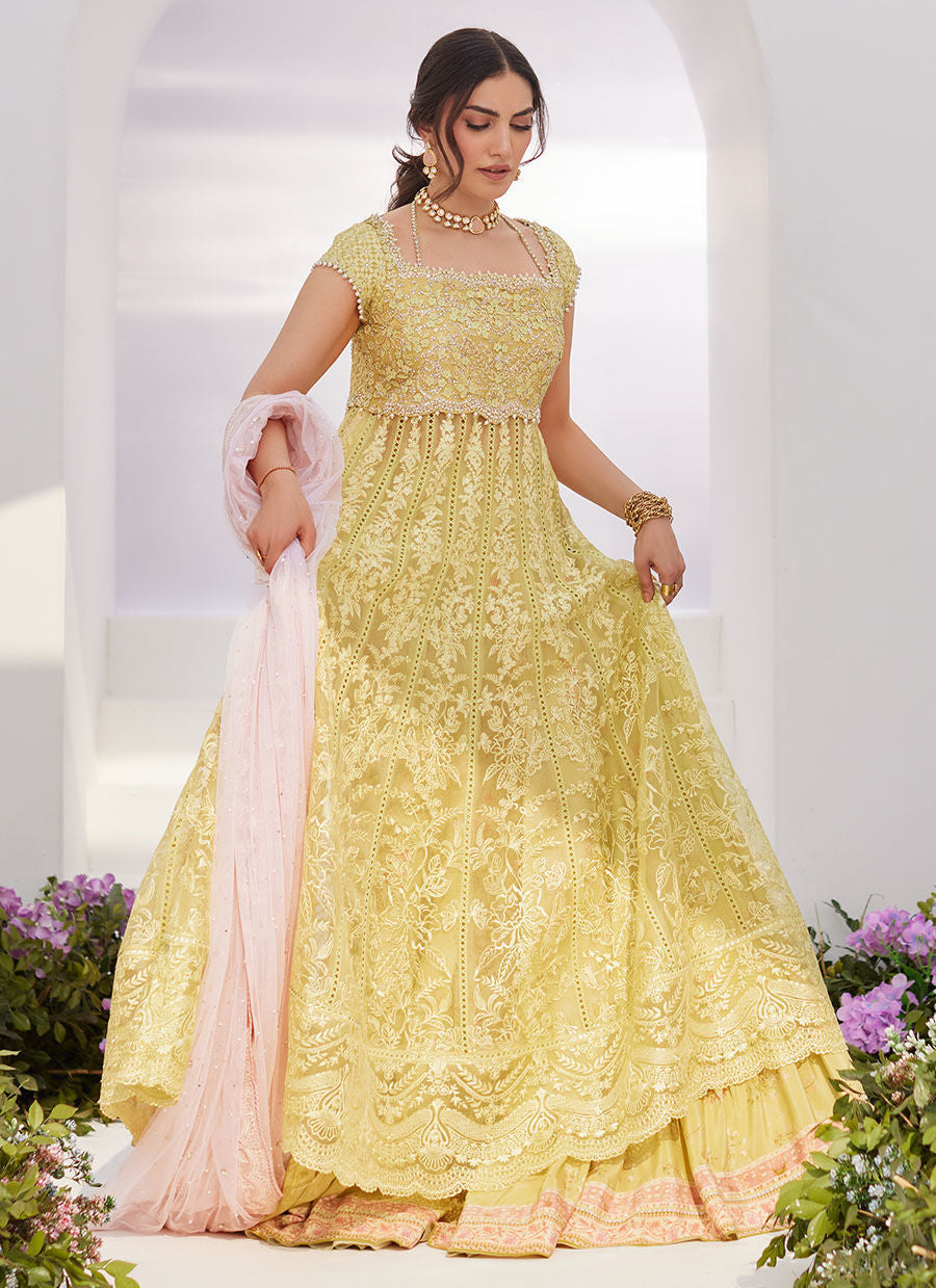 Farah Talib Aziz | Zaza Luxe Pret 24 | REINE KIWI EMBROIDERED EMBELLISHED KALIDAAR - Libasekhas
