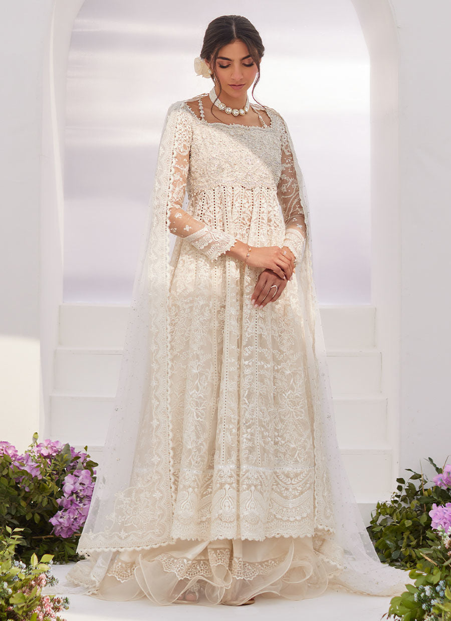 Farah Talib Aziz | Zaza Luxe Pret 24 | MAELLE IVORY EMBROIDERED AND EMBELLISHED KALIDAAR - by - Libasekhas UK - Registered Vendor of : Farah Talib Aziz - 100% Original Designer Dresss