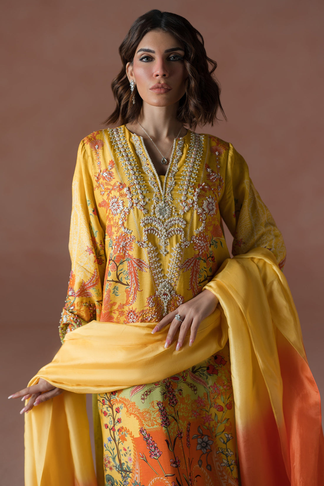 Ammara Khan | Flo 25 |Mango Slush Long Shirt Set (D-04) - by - Libasekhas UK - Registered Vendor of : Ammara Khan - 100% Original Designer Dresss
