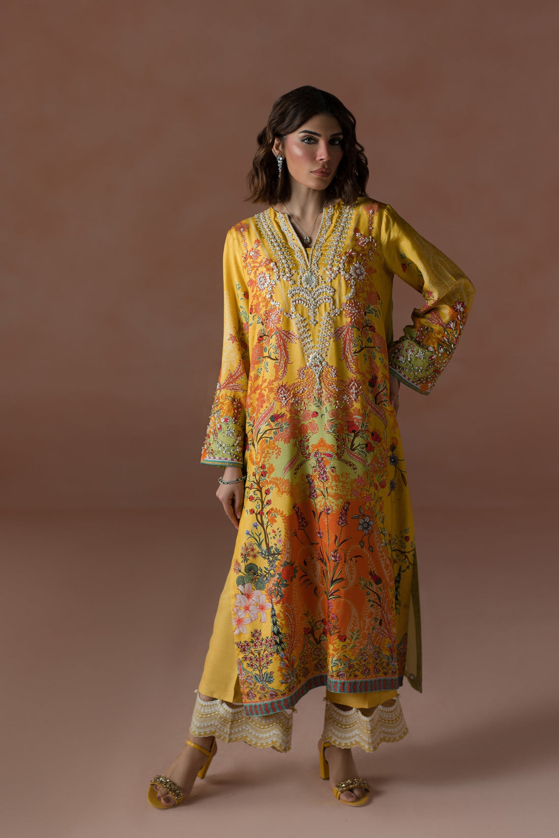 Ammara Khan | Flo 25 |Mango Slush Long Shirt Set (D-04) - by - Libasekhas UK - Registered Vendor of : Ammara Khan - 100% Original Designer Dresss