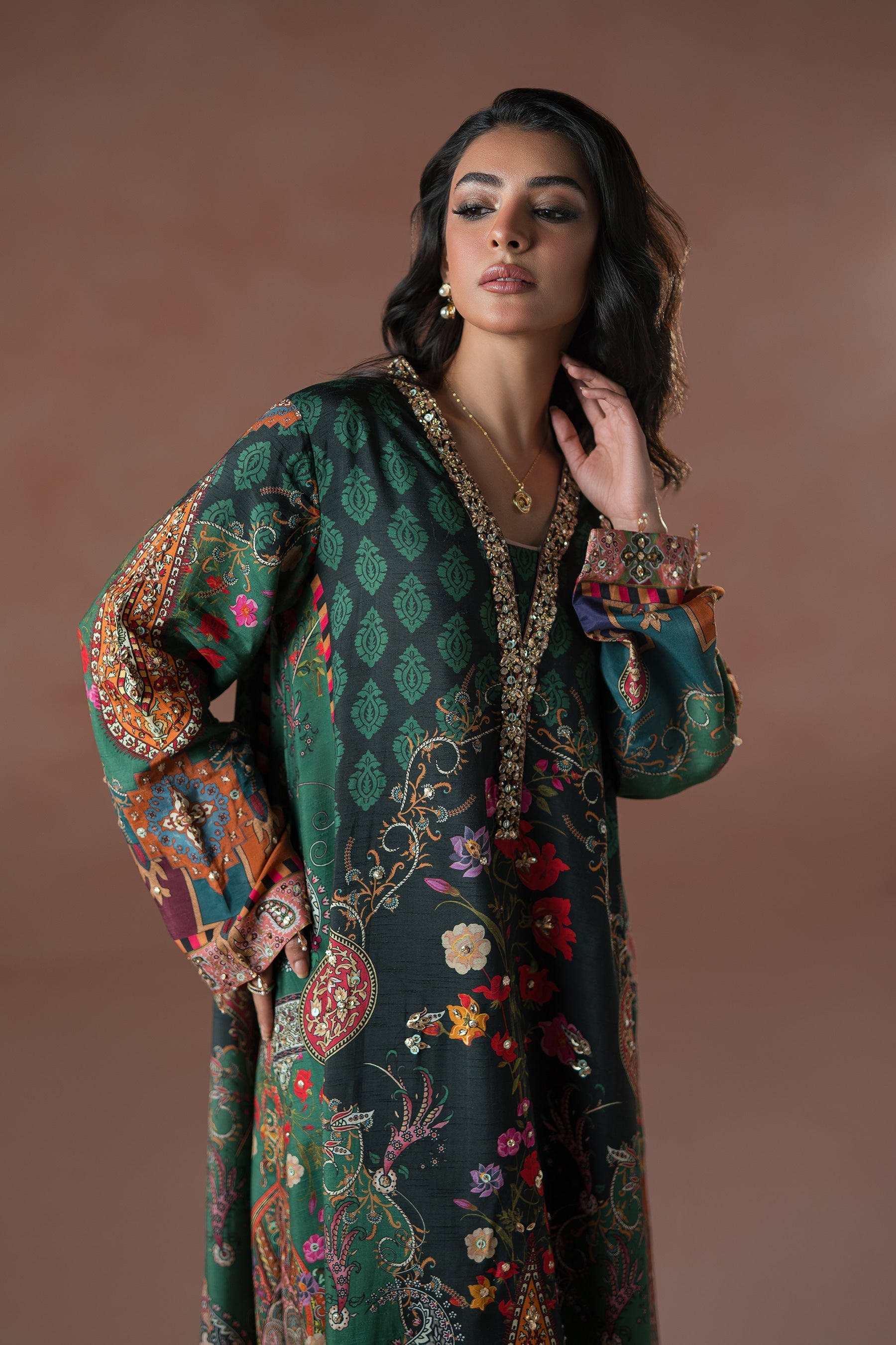 Ammara Khan | Flo 25 | Forest Floral Tassel Kaftan Set  (D-06) - by - Libasekhas UK - Registered Vendor of : Ammara Khan - 100% Original Designer Dresss