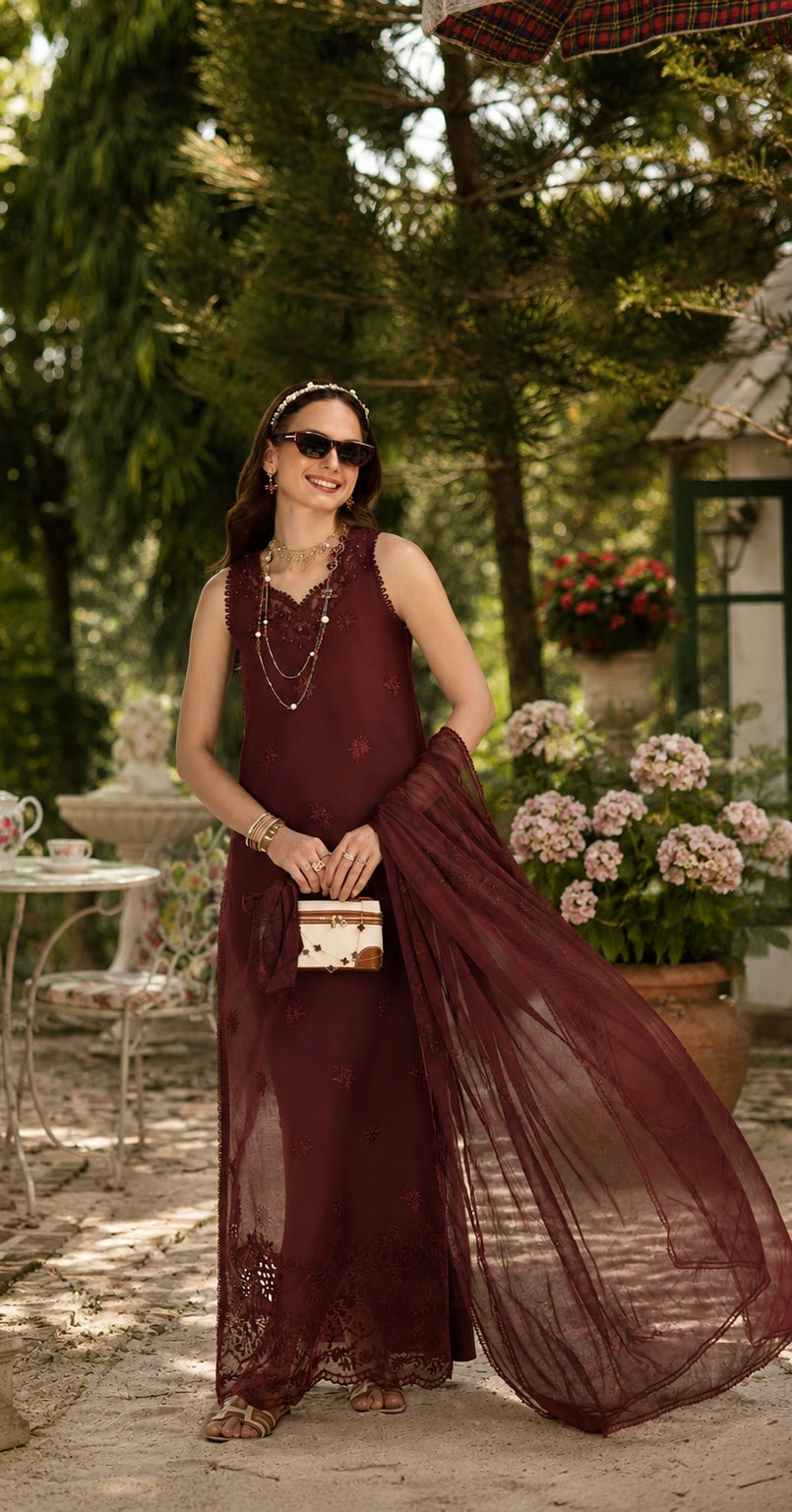 Noor by Saadia Asad | Noor Eid Printskhas 26 |D10  Burgundy - by Libasekhas - Registered Vendor of : Noor by Saadia Asad - 100% Original Designer Dress
