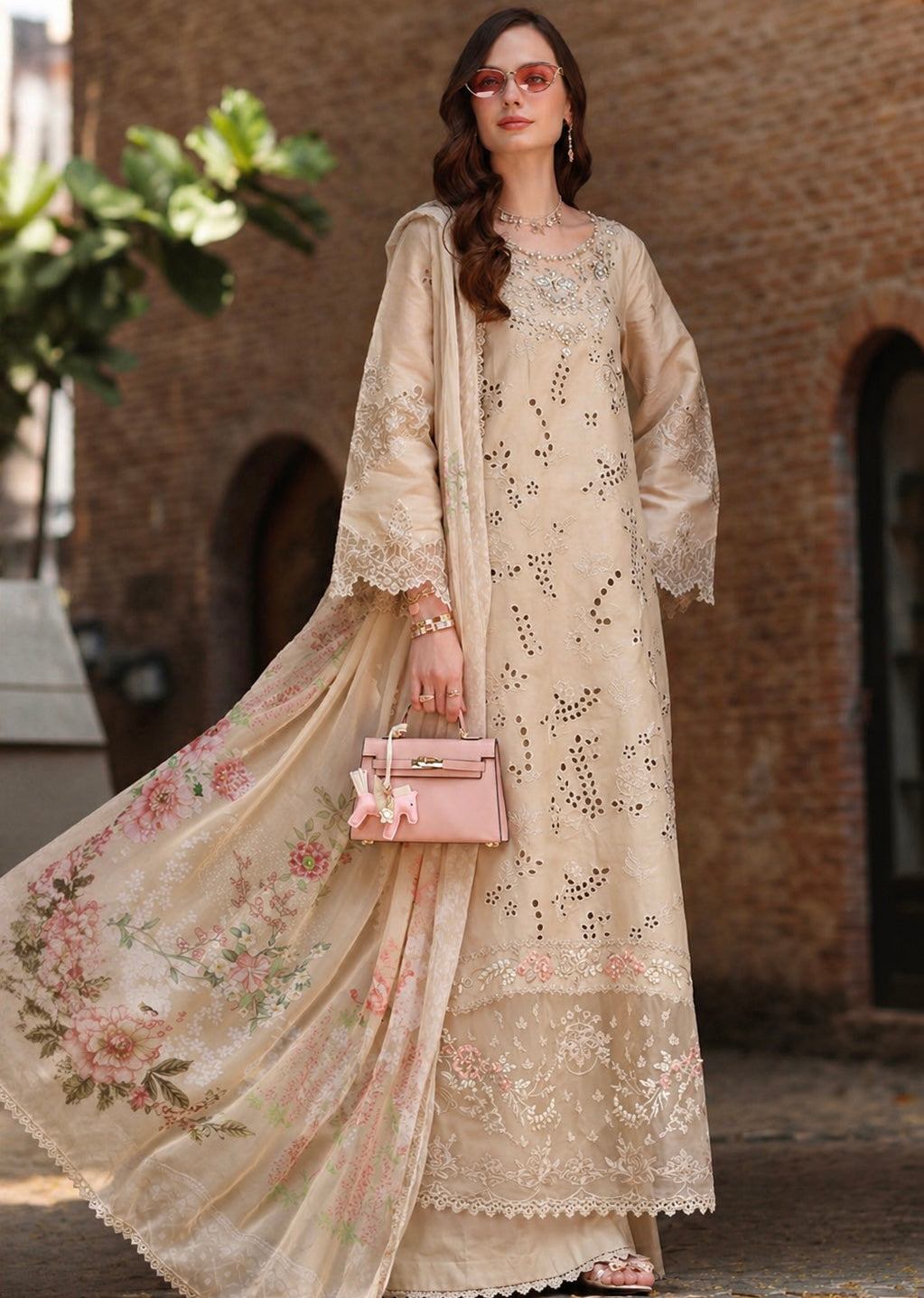Noor by Saadia Asad | Luxury Eid Schiffli Laserkari 26 | D7 -Gris Tourtelle - by Libasekhas UK - Registered Vendor of : Noor by Saadia Asad - 100% Original Designer Dress