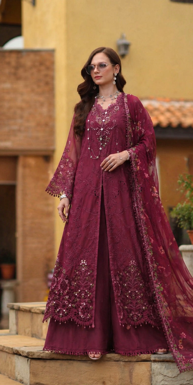 Noor by Saadia Asad | Luxury Eid Schiffli Laserkari 26 | D8 -Rasberry love - by Libasekhas UK - Registered Vendor of : Noor by Saadia Asad - 100% Original Designer Dress