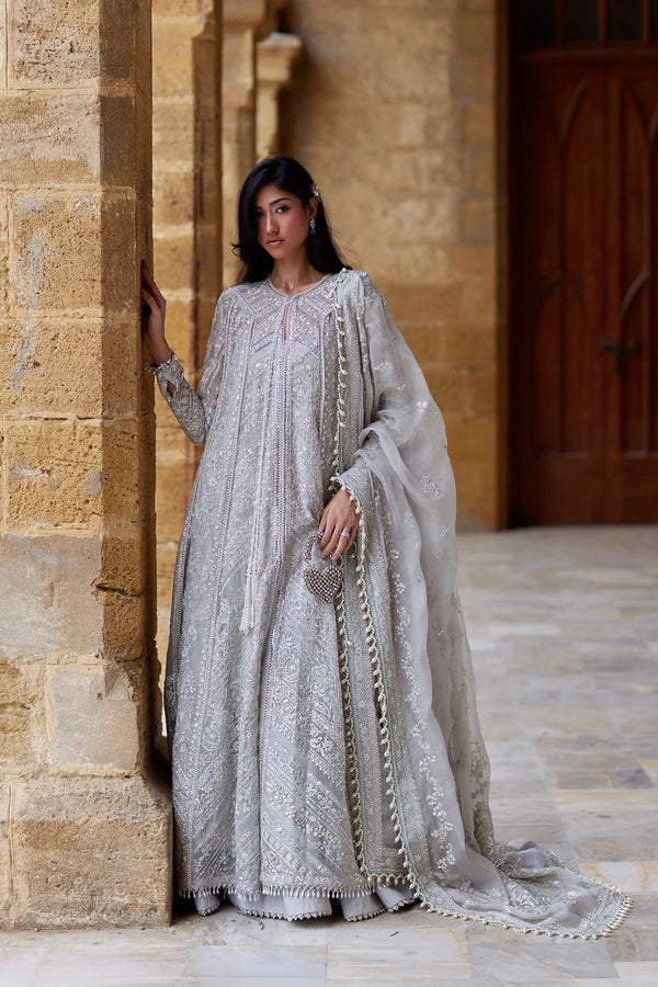 Afrozeh | DASTANGOI '26 | Light Grey Front Open Maxi -Qissa