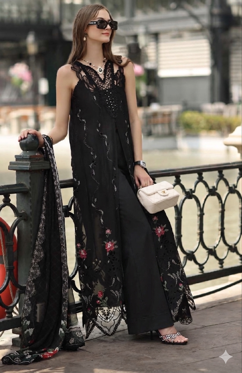 Noor by Saadia Asad | Eid Luxe Chikankari 26 | D5 -Cross stitch Black - by Libasekhas UK - Registered Vendor of : Noor by Saadia Asad - 100% Original Designer Dress