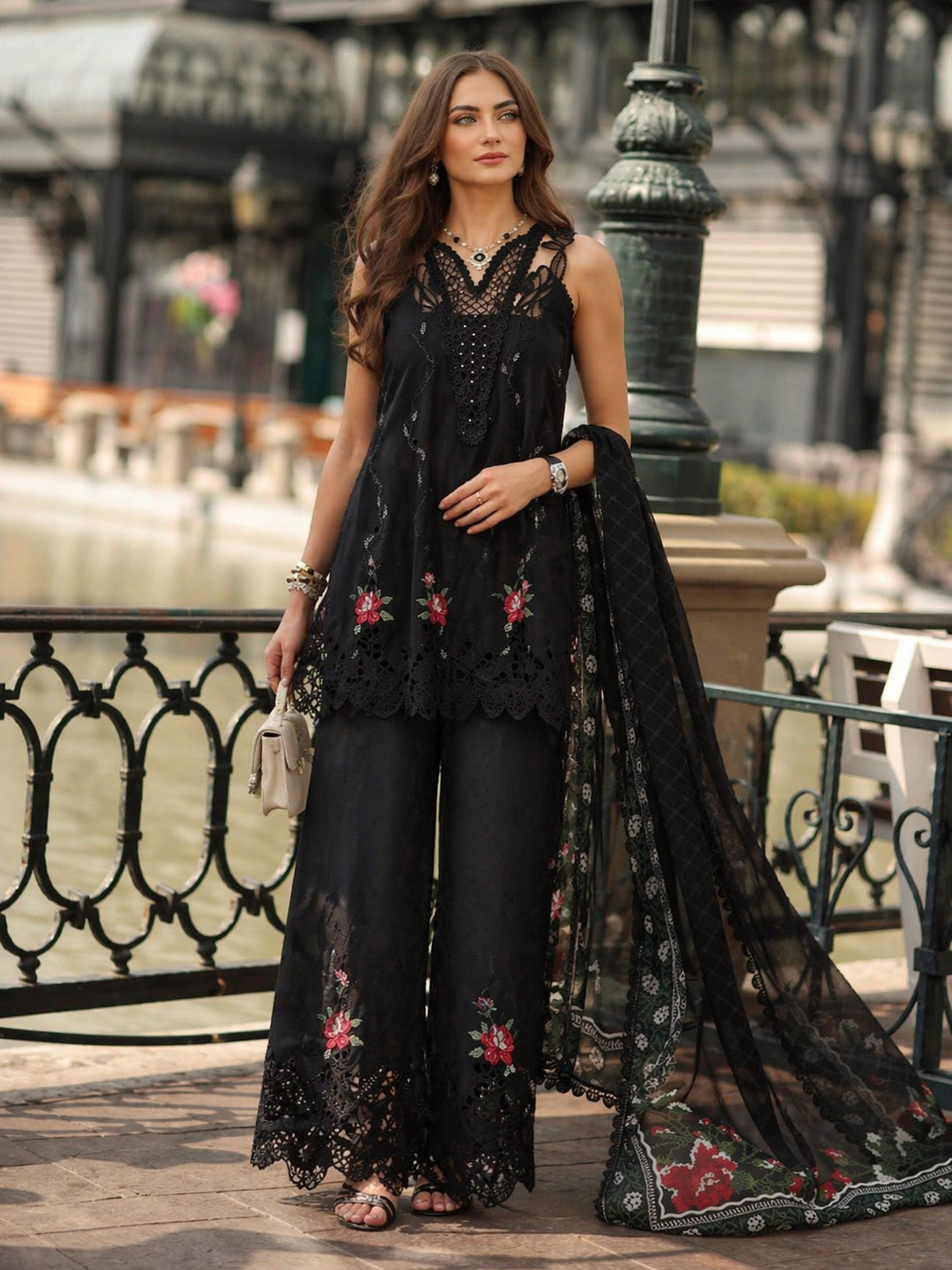 Noor by Saadia Asad | Eid Luxe Chikankari 26 | D5 -Cross stitch Black - by Libasekhas UK - Registered Vendor of : Noor by Saadia Asad - 100% Original Designer Dress