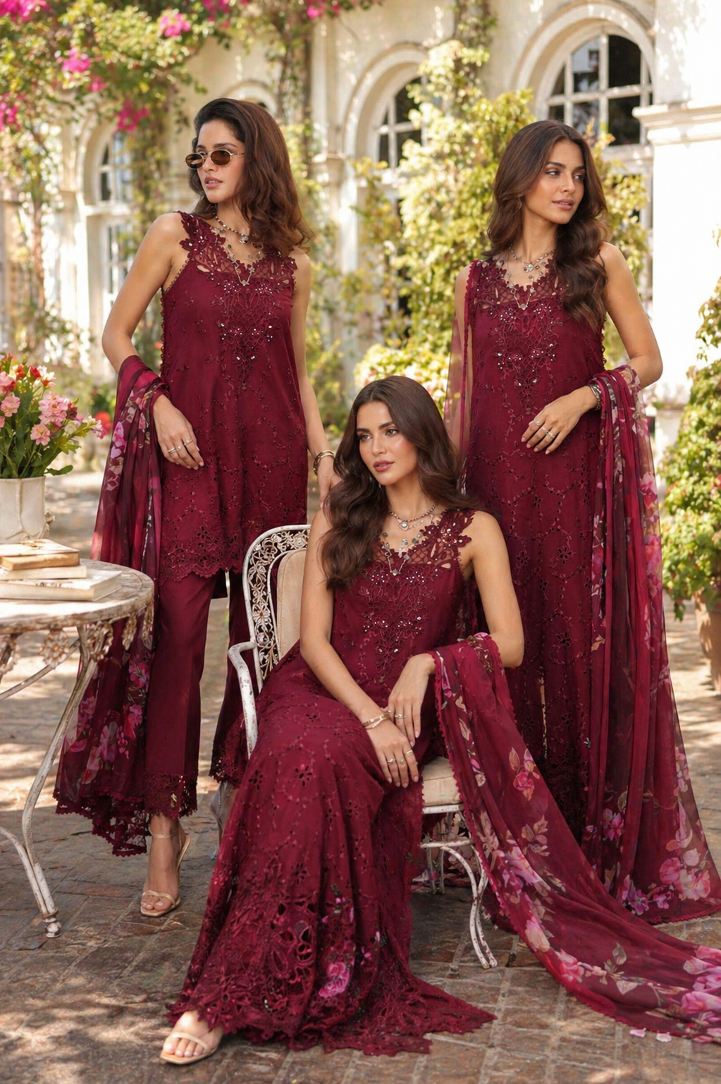 Noor by Saadia Asad | Eid Luxe Chikankari 26 | D3 -Bordeaux - by Libasekhas UK - Registered Vendor of : Noor by Saadia Asad - 100% Original Designer Dress