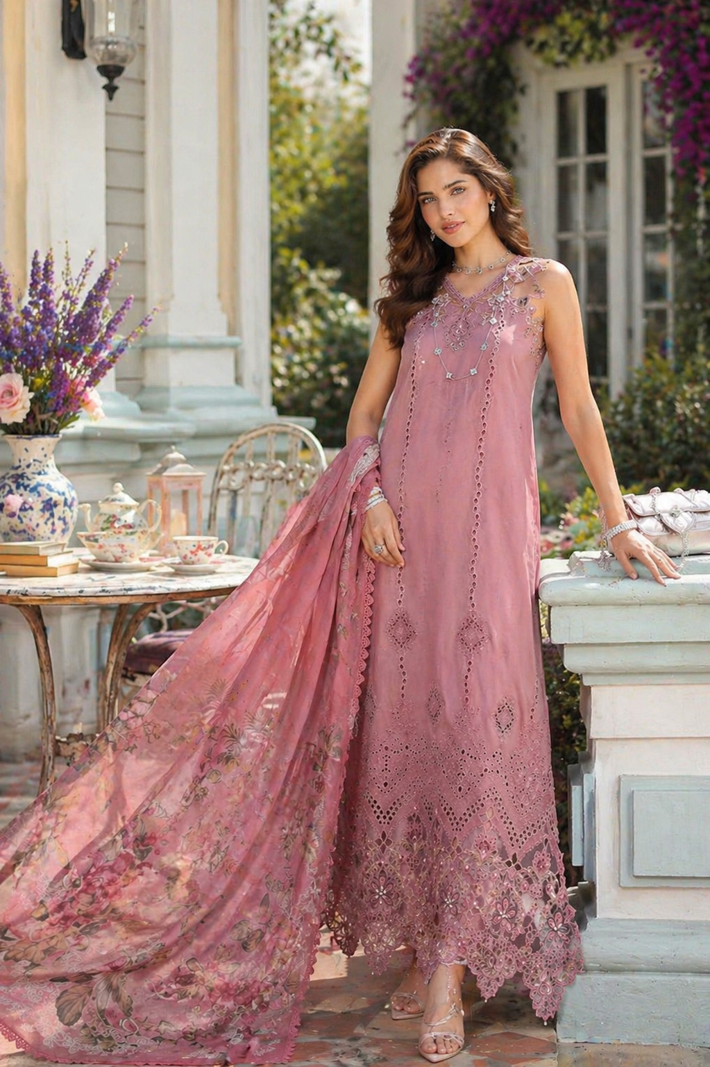 Noor by Saadia Asad | Eid Luxe Chikankari 26 | D8 - Rosewood Blush - by Libasekhas UK - Registered Vendor of : Noor by Saadia Asad - 100% Original Designer Dress