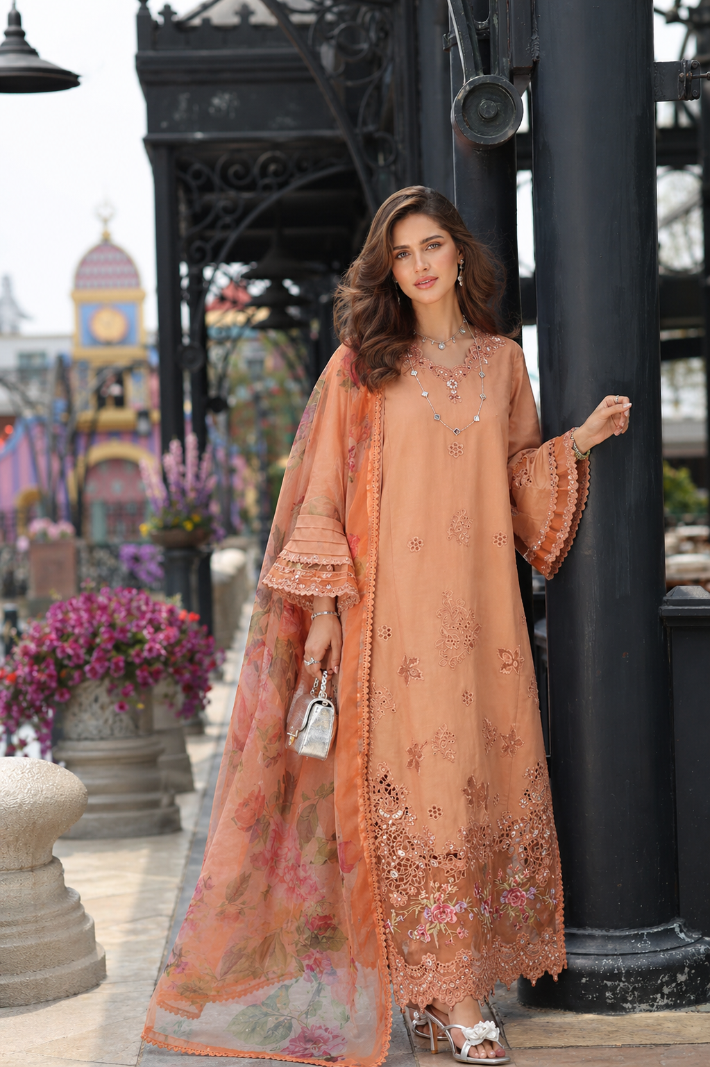 Noor by Saadia Asad | Eid Luxe Chikankari 26 | D6 - Apricot Allure - by Libasekhas UK - Registered Vendor of : Noor by Saadia Asad - 100% Original Designer Dress