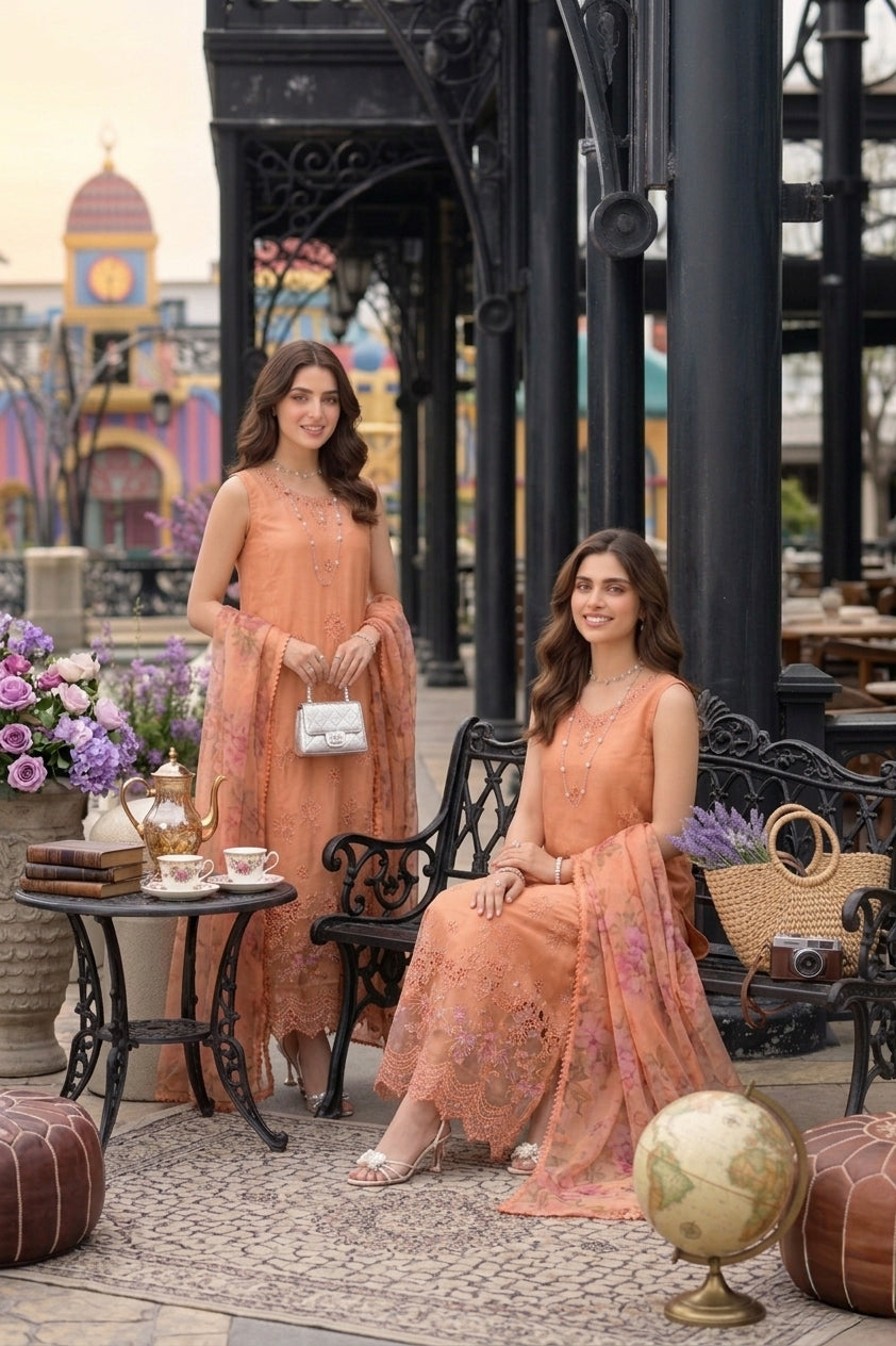Noor by Saadia Asad | Eid Luxe Chikankari 26 | D6 - Apricot Allure - by Libasekhas UK - Registered Vendor of : Noor by Saadia Asad - 100% Original Designer Dress