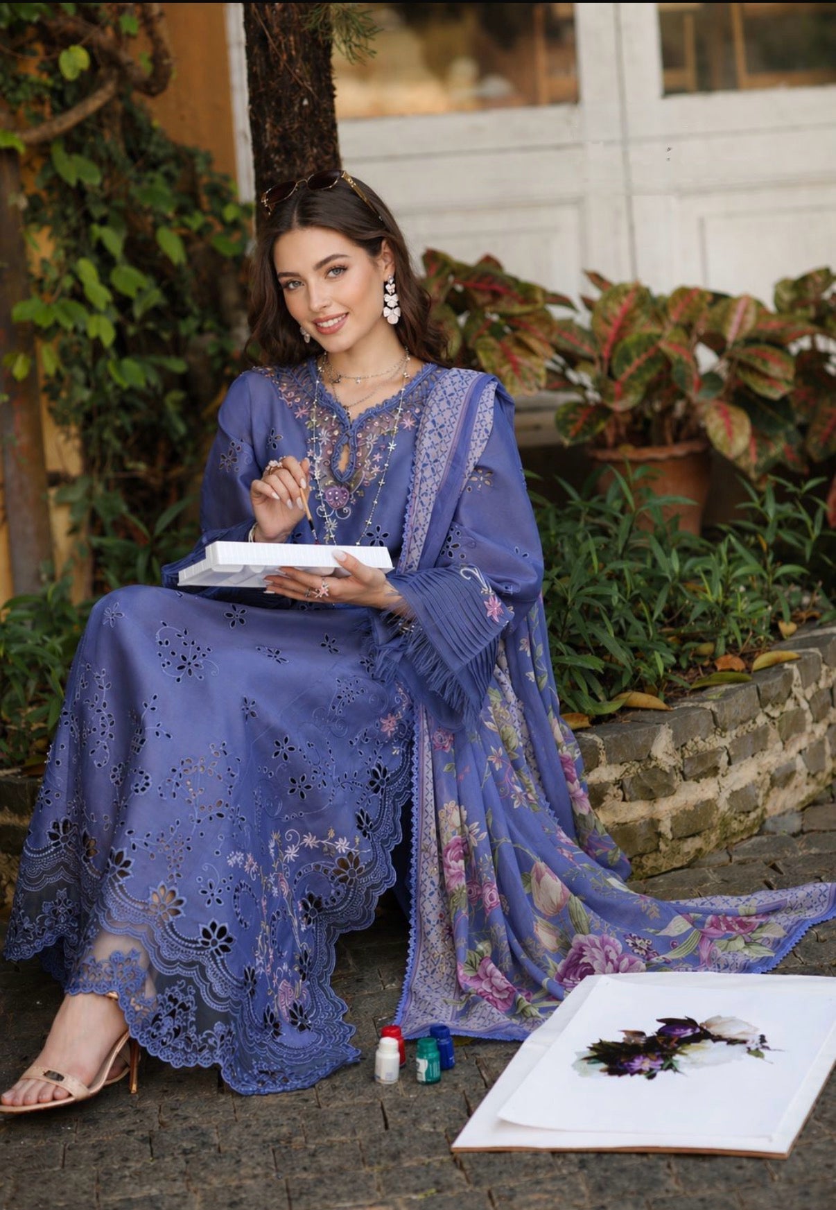 Noor by Saadia Asad | Luxury Eid Schiffli Laserkari 26 | D9 -Tropical indigo - by Libasekhas UK - Registered Vendor of : Noor by Saadia Asad - 100% Original Designer Dress