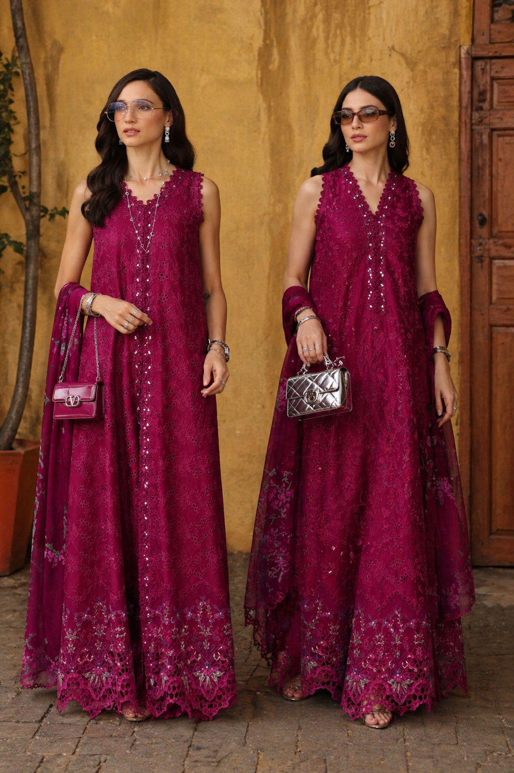 Noor by Saadia Asad | Luxury Eid Schiffli Laserkari 26 | D4 -Fuchia Elegance - by Libasekhas UK - Registered Vendor of : Noor by Saadia Asad - 100% Original Designer Dress