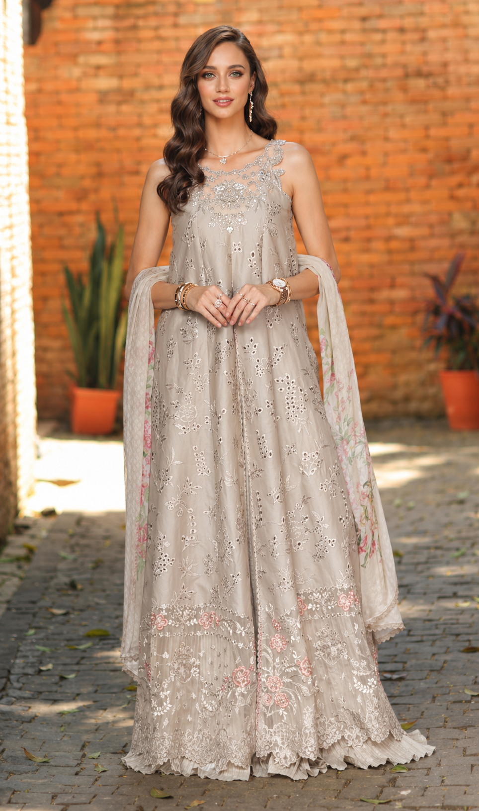 Noor by Saadia Asad | Luxury Eid Schiffli Laserkari 26 | D7 -Gris Tourtelle - by Libasekhas UK - Registered Vendor of : Noor by Saadia Asad - 100% Original Designer Dress