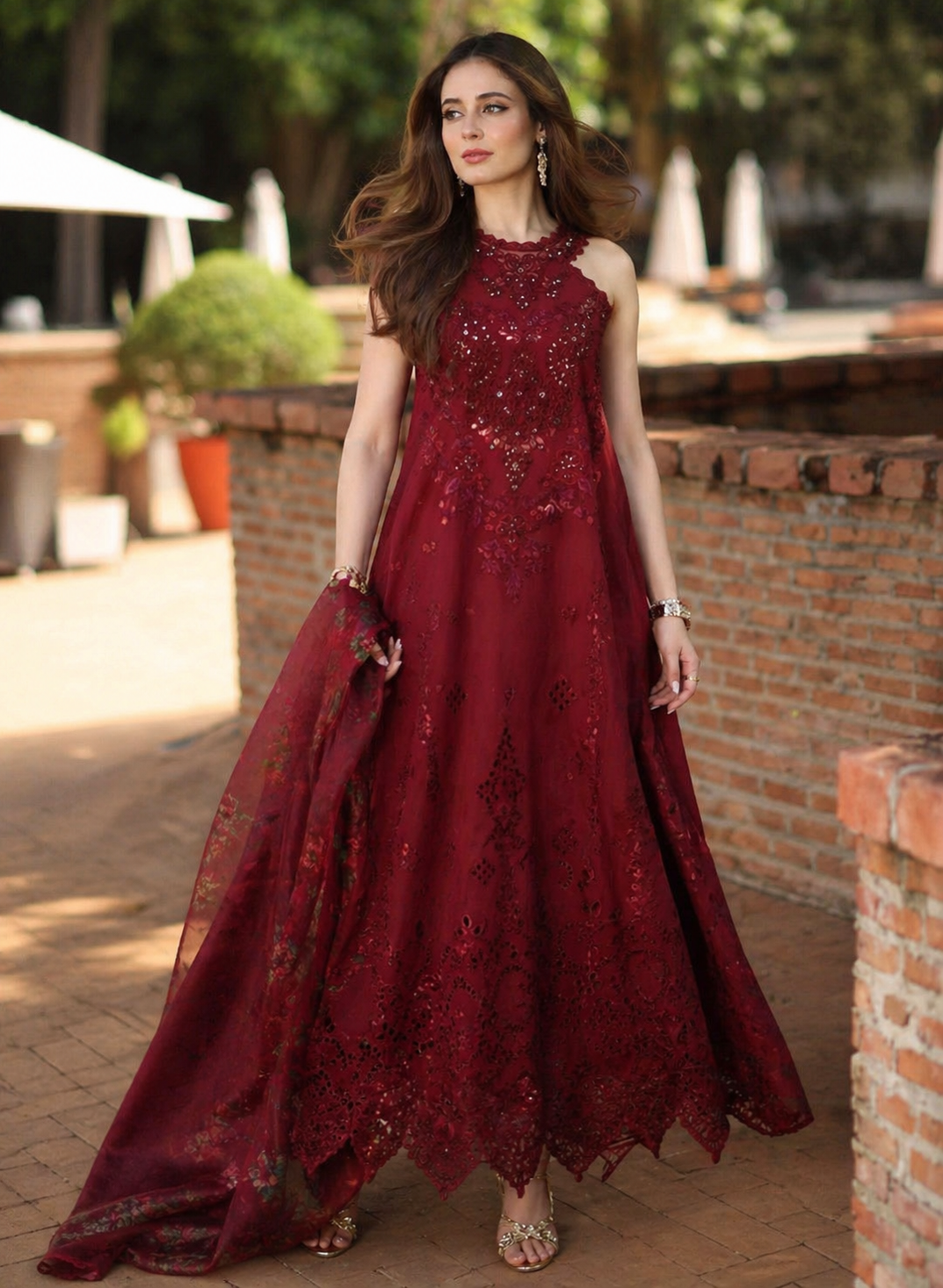 Noor by Saadia Asad | Luxury Eid Schiffli Laserkari 26 | D12 -Amalfi Rouge - by Libasekhas UK - Registered Vendor of : Noor by Saadia Asad - 100% Original Designer Dress