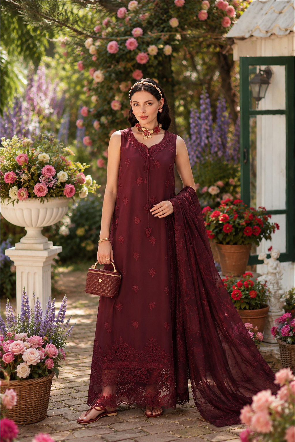 Noor by Saadia Asad | Noor Eid Printskhas 26 |D10  Burgundy - by Libasekhas - Registered Vendor of : Noor by Saadia Asad - 100% Original Designer Dress