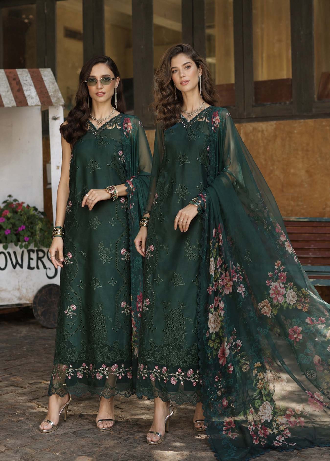 Noor by Saadia Asad | Luxury Eid Schiffli Laserkari 26 | D11 - Emerald Jewel - by Libasekhas UK - Registered Vendor of : Noor by Saadia Asad - 100% Original Designer Dress