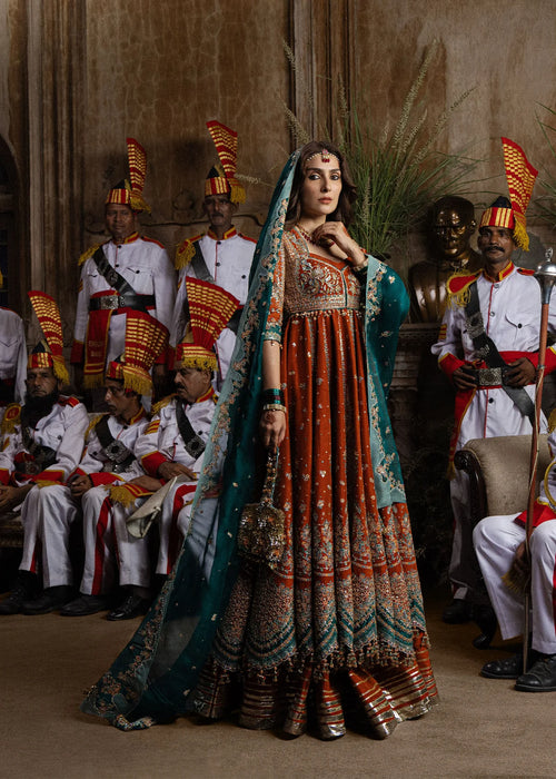 Hussain Rehar| Festive Unstitched 26 | Rust Orange Pishwas- Zarin