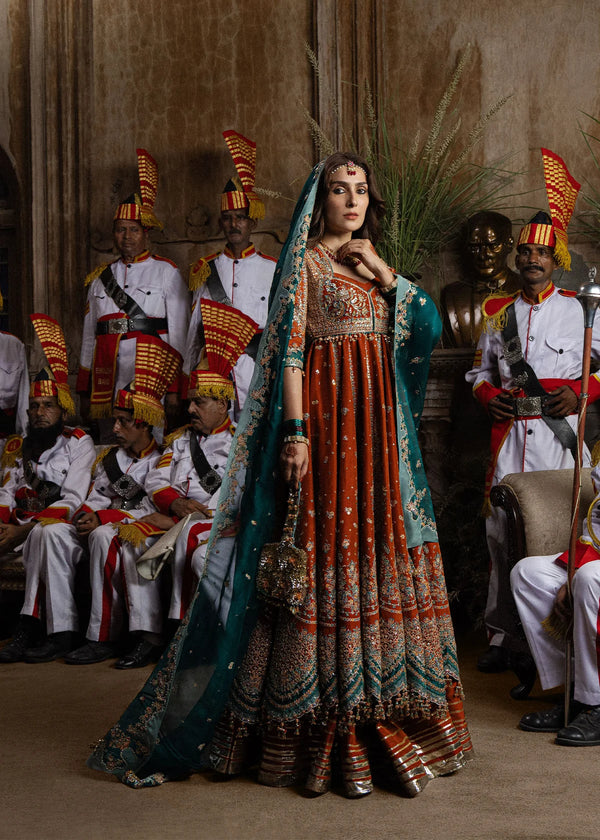 Hussain Rehar| Festive Unstitched 26 | Rust Orange Pishwas- Zarin