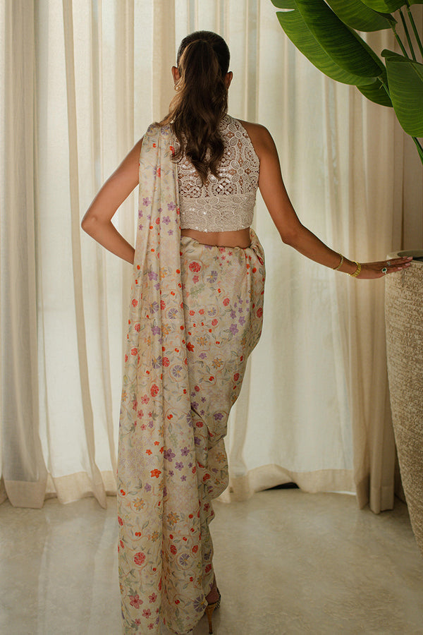 Mina Hassan | Signature Prints | Wrapped Goddess Stitched Saree - by Libasekhas UK - Registered Vendor of : Mina Hassan - 100% Original Designer Dress