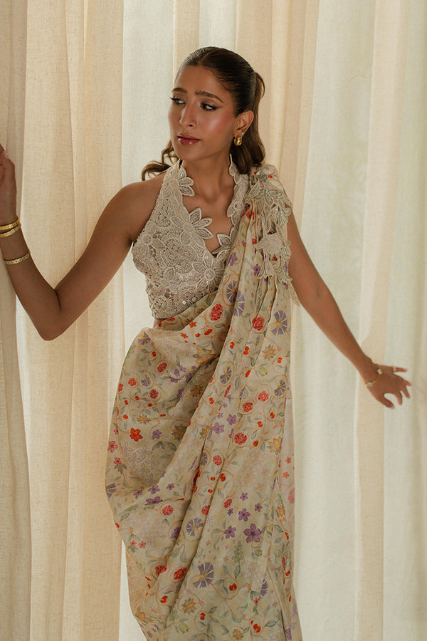 Mina Hassan | Signature Prints | Wrapped Goddess Stitched Saree - by Libasekhas UK - Registered Vendor of : Mina Hassan - 100% Original Designer Dress