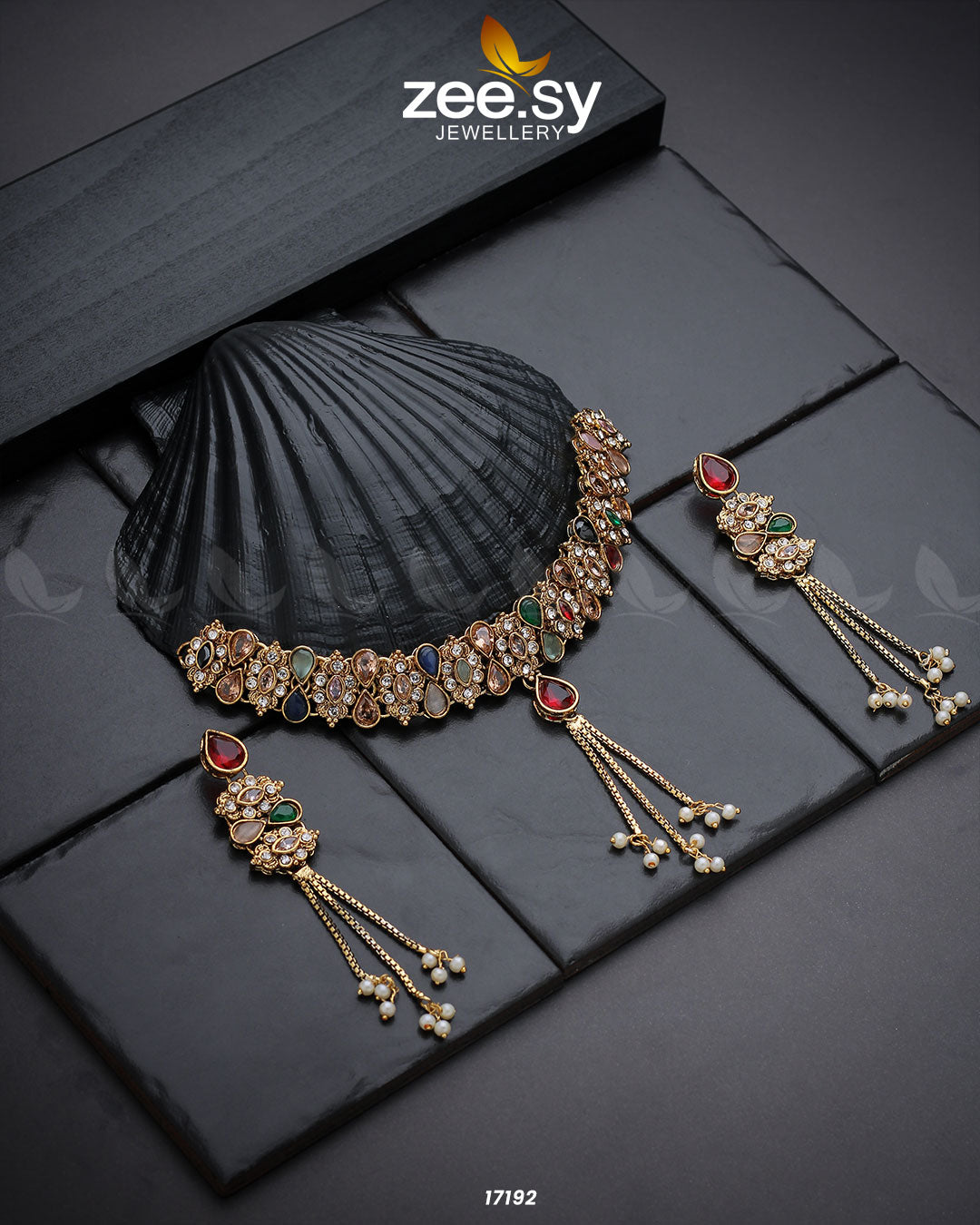 Lustrous Gemstones Necklace - by - Libasekhas UK - Registered Vendor of : Zeesy - 100% Original Designer Dresss