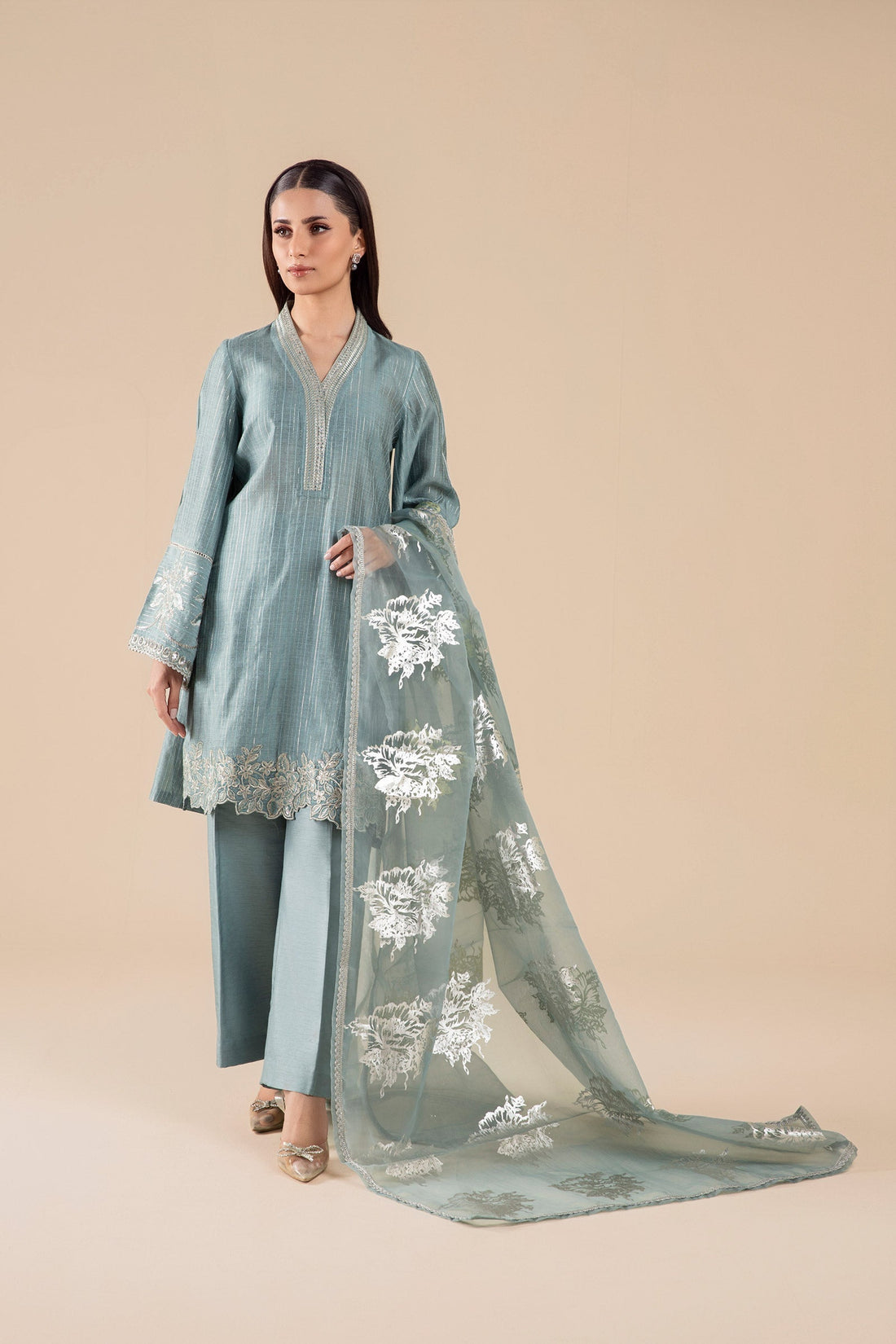Maria B | Basics RTW | 3 Pc Embroidered Two Tone Lurex Silk Suit | MB-FS25-28 - by - Libasekhas UK - Registered Vendor of : Maria B - 100% Original Designer Dresss
