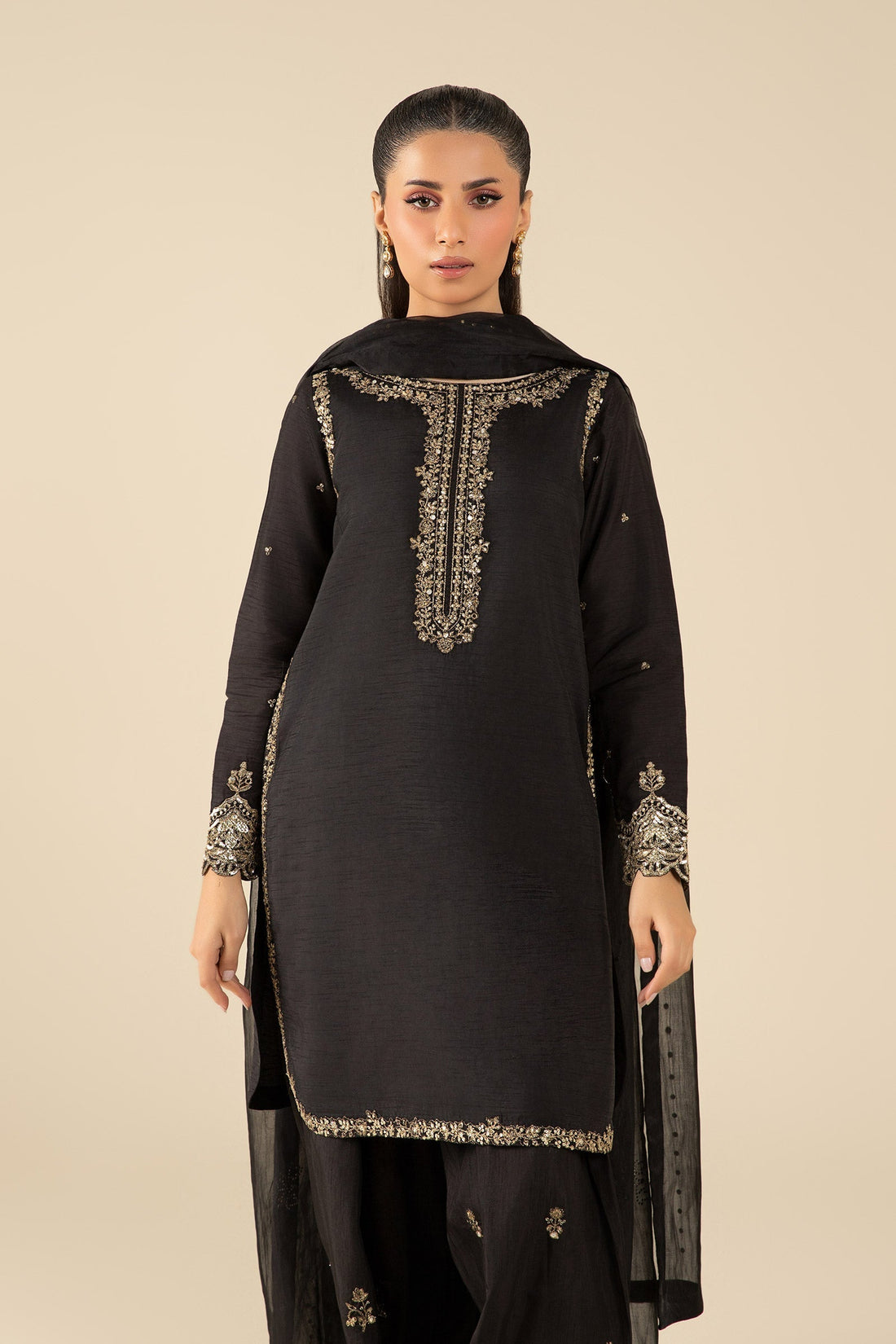 Maria B | Basics RTW | 3 Pc Embroidered Raw Silk Suit | MB-FS25-32-B - by - Libasekhas UK - Registered Vendor of : Maria B - 100% Original Designer Dresss