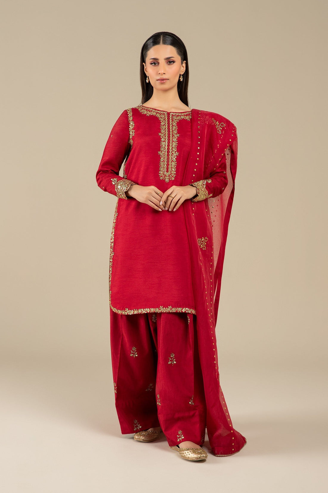 Maria B | Basics RTW | 3 Pc Embroidered Raw Silk Suit | MB-FS25-32 - by - Libasekhas UK - Registered Vendor of : Maria B - 100% Original Designer Dresss