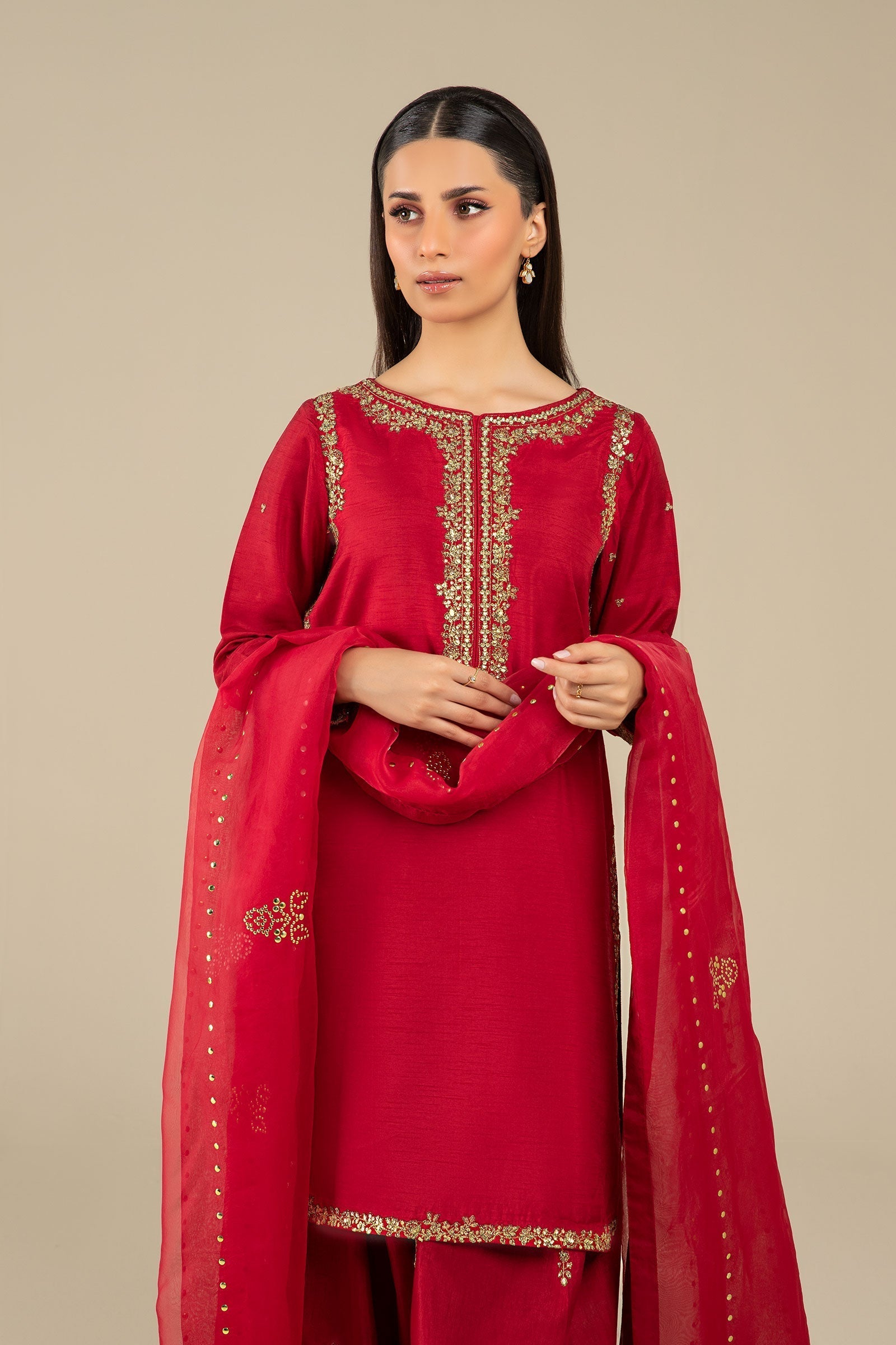 Maria B | Basics RTW | 3 Pc Embroidered Raw Silk Suit | MB-FS25-32 - by - Libasekhas UK - Registered Vendor of : Maria B - 100% Original Designer Dresss