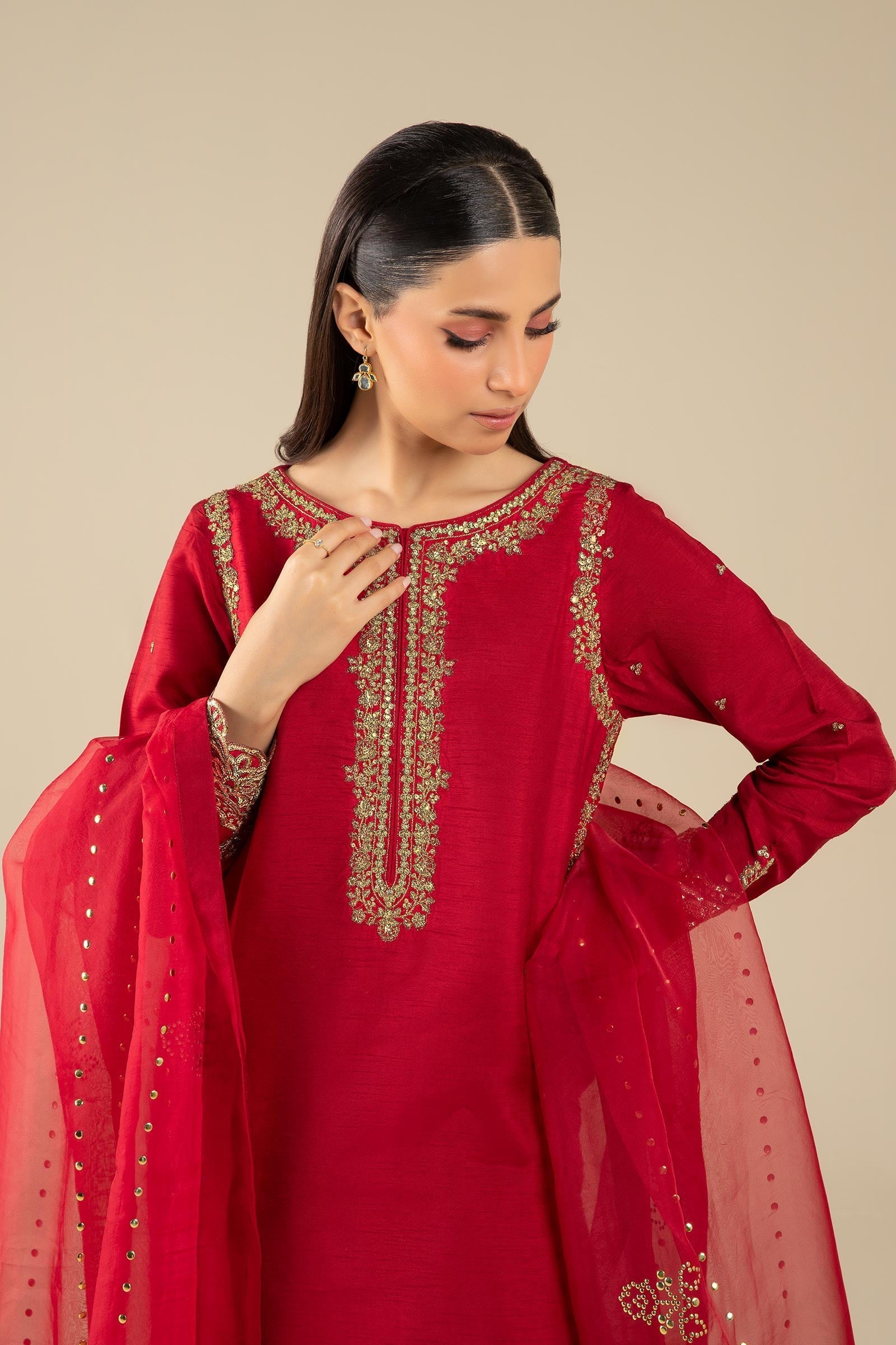 Maria B | Basics RTW | 3 Pc Embroidered Raw Silk Suit | MB-FS25-32 - by - Libasekhas UK - Registered Vendor of : Maria B - 100% Original Designer Dresss