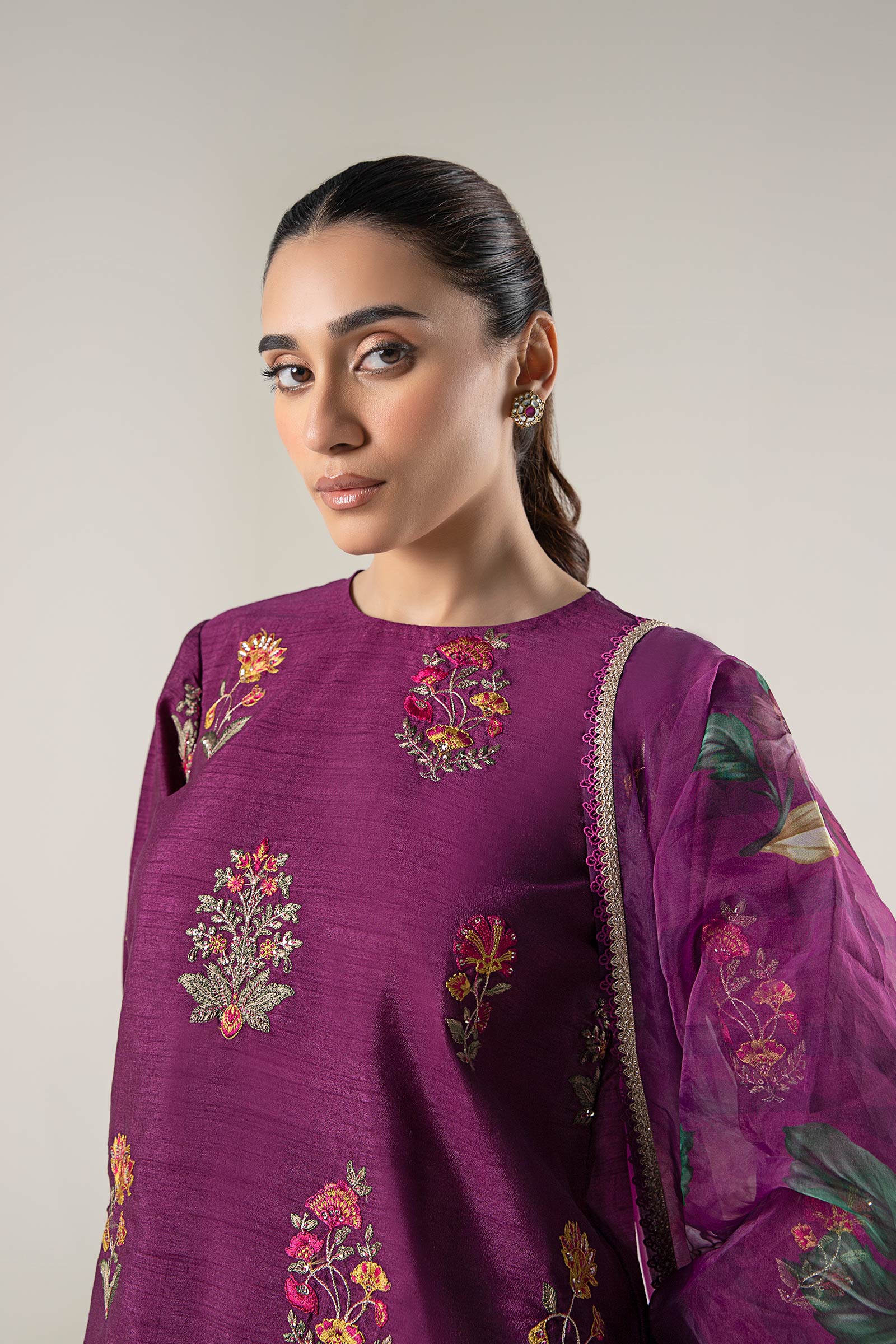 Maria B | Basics RTW | 3 Pc Embroidered Raw Silk Suit | MB-WF24-47 - by - Libasekhas UK - Registered Vendor of : Maria B - 100% Original Designer Dresss