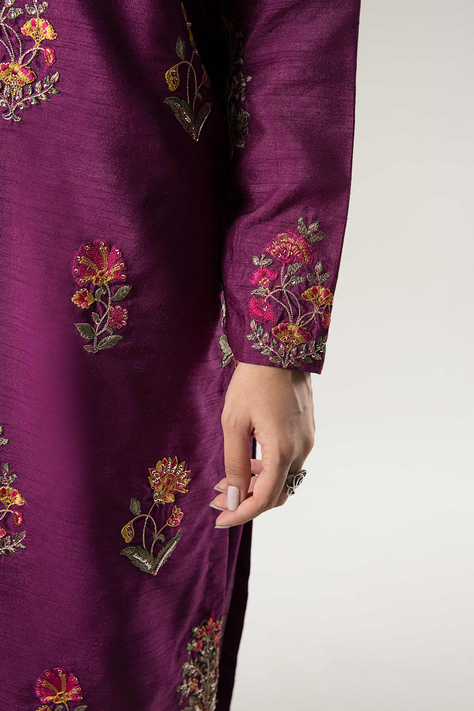 Maria B | Basics RTW | 3 Pc Embroidered Raw Silk Suit | MB-WF24-47 - by - Libasekhas UK - Registered Vendor of : Maria B - 100% Original Designer Dresss
