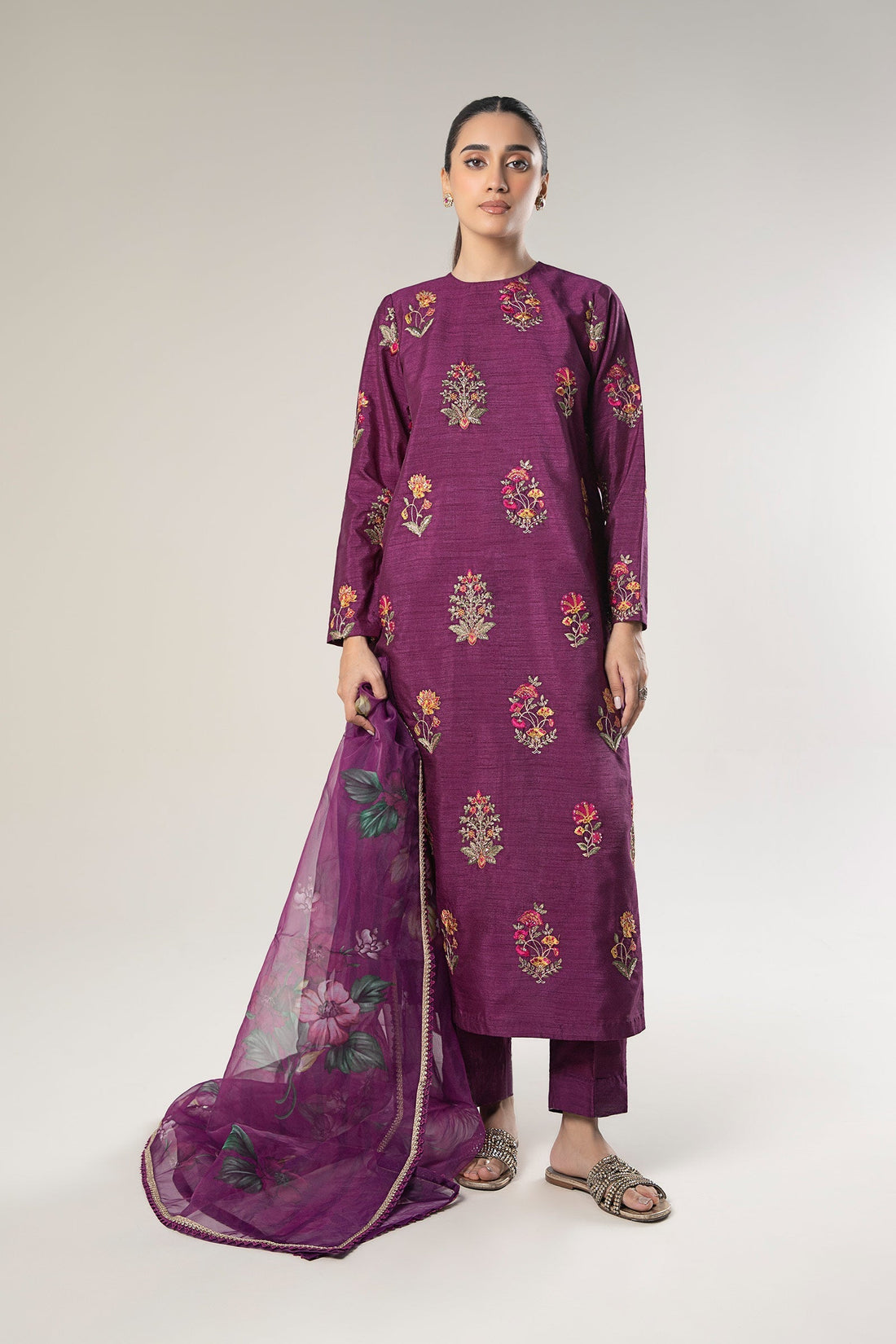 Maria B | Basics RTW | 3 Pc Embroidered Raw Silk Suit | MB-WF24-47 - by - Libasekhas UK - Registered Vendor of : Maria B - 100% Original Designer Dresss
