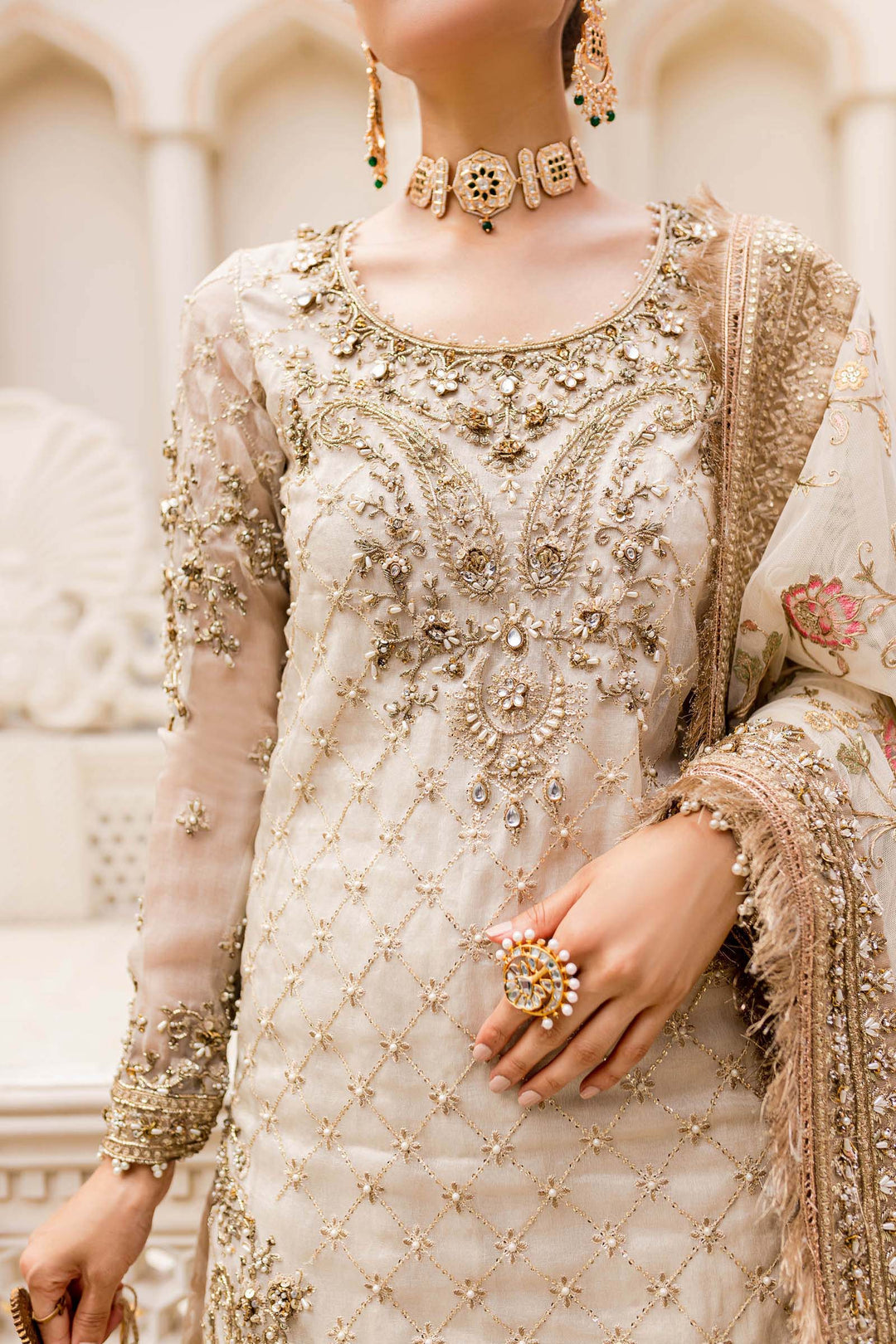 Maria B | Bridal Couture | Ivory Gold MC-906 - by - Libasekhas UK - Registered Vendor of : Maria B - 100% Original Designer Dresss